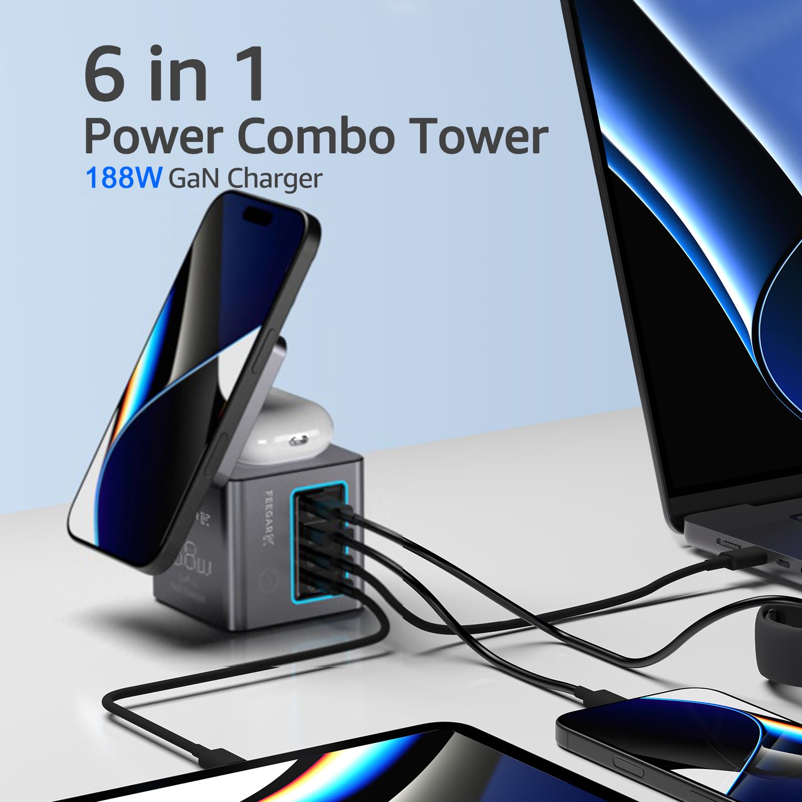 Ładowarka sieciowa USB Feegar Kombo 188W GaN3 Typ-C USB-C PD QC3.0 Indukcja Ładowanie Indukcyjne Pasuje do Samsung, Apple iPhone, Huawei, Xiaomi