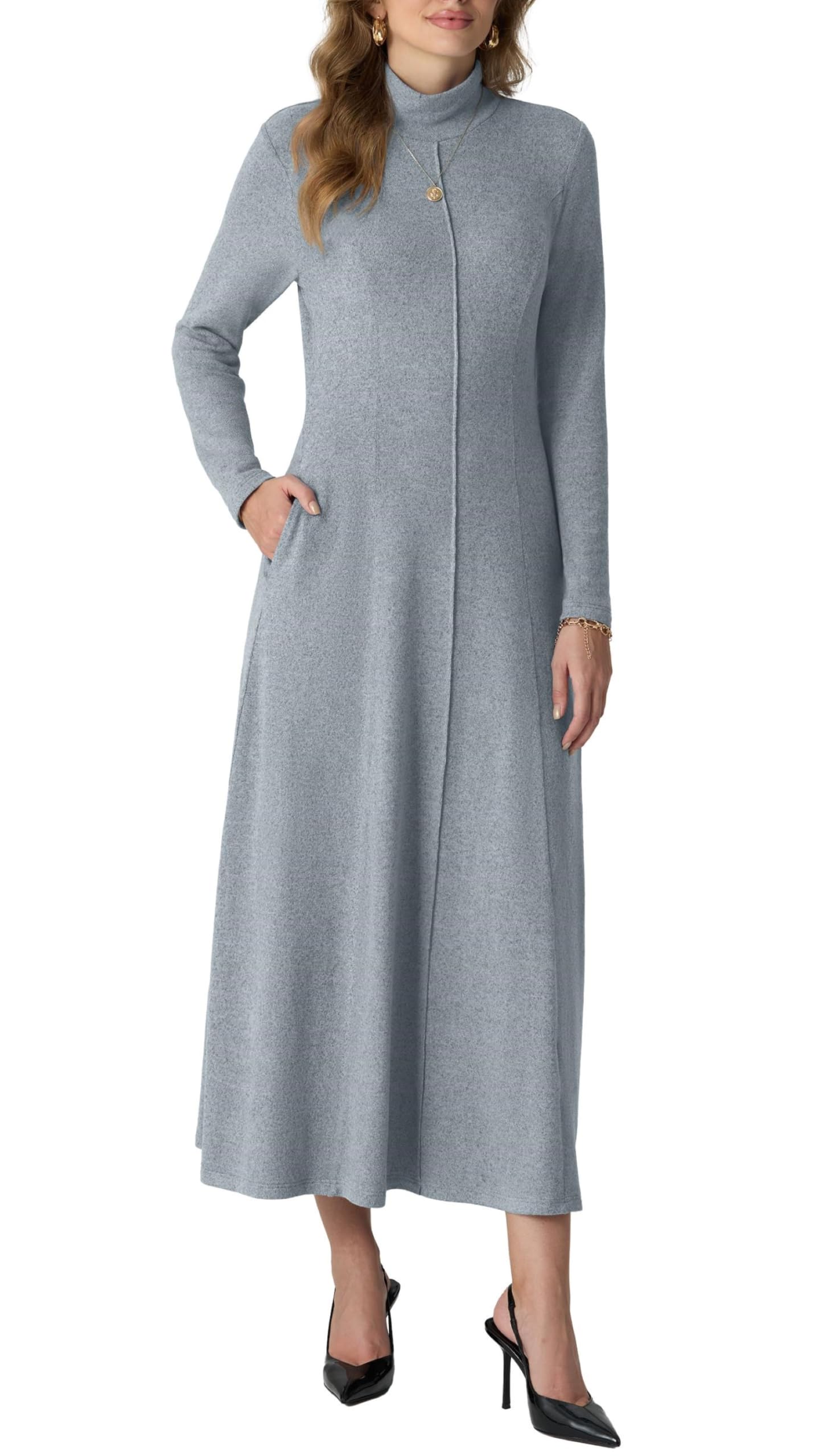 GRECERELLE Robe longue pour femme à col roulé et manches longues pour l'automne et l'hiver - Élégante et décontractée - Pour le travail, les rendez-vous galants, le salon - Robe longue extensible avec