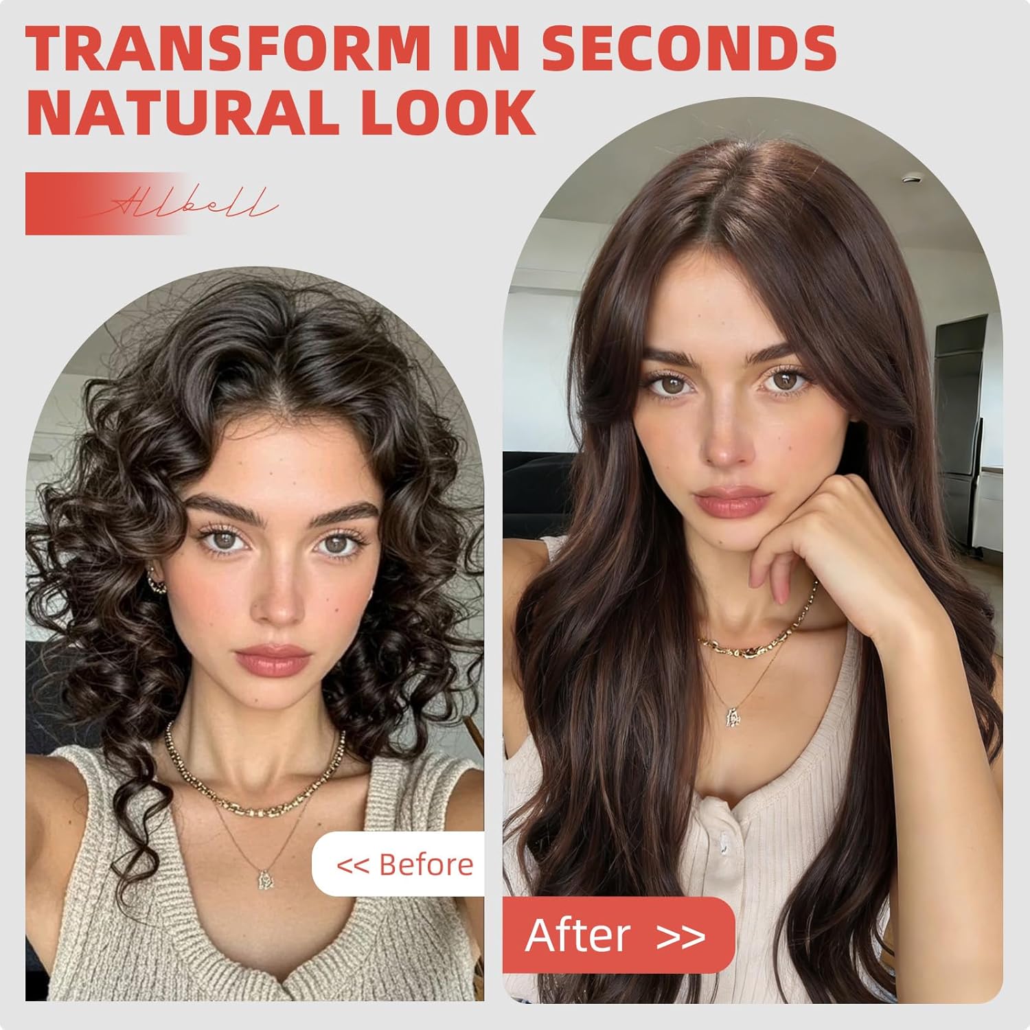 Allbell Brown Wigs for Women, 28 Inch Long Curly Synthetic Hair Wig with Curtain Bangs for Daily Use