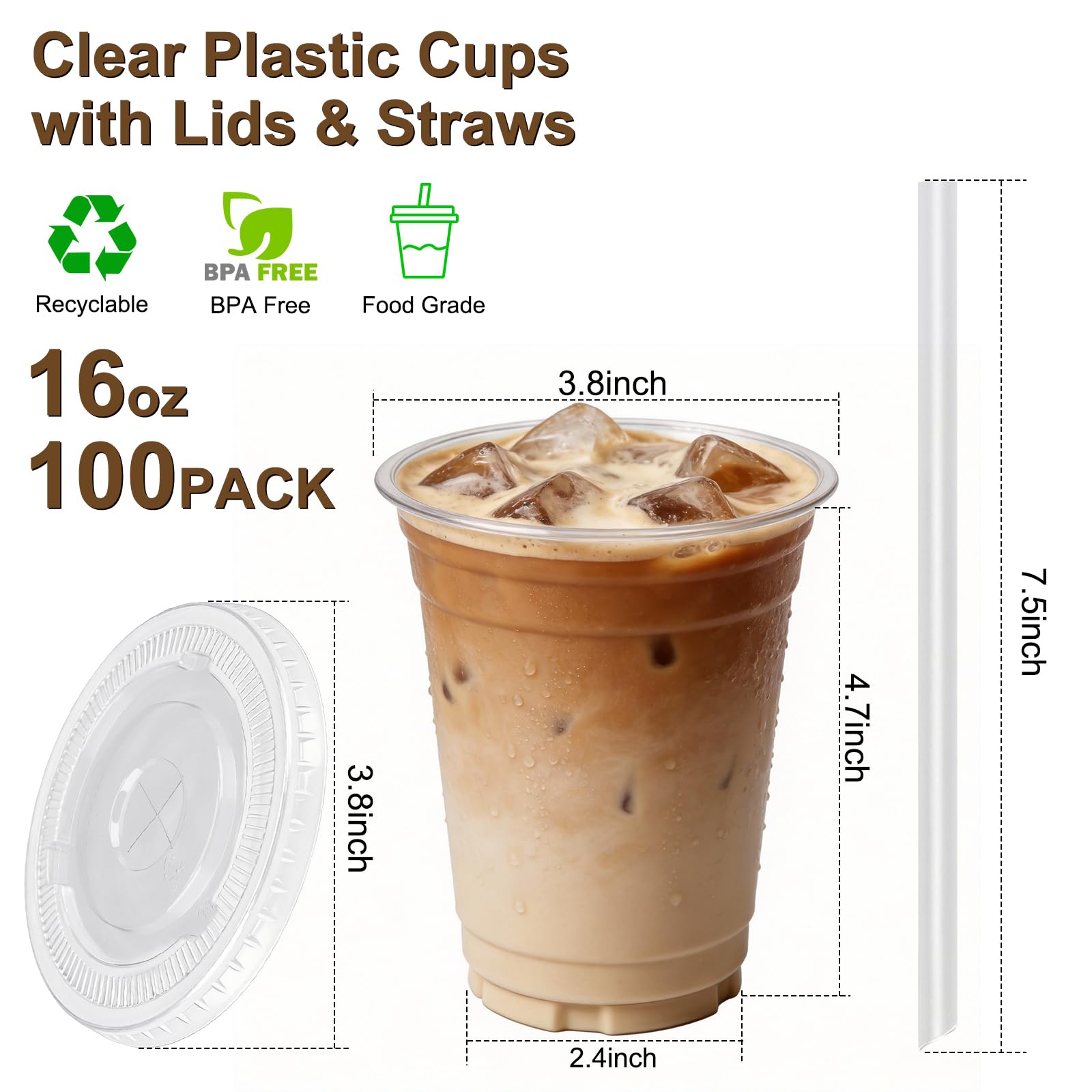100 Pack 16oz Clear Plastic Cups with Lids and Straws — Amazon image 5