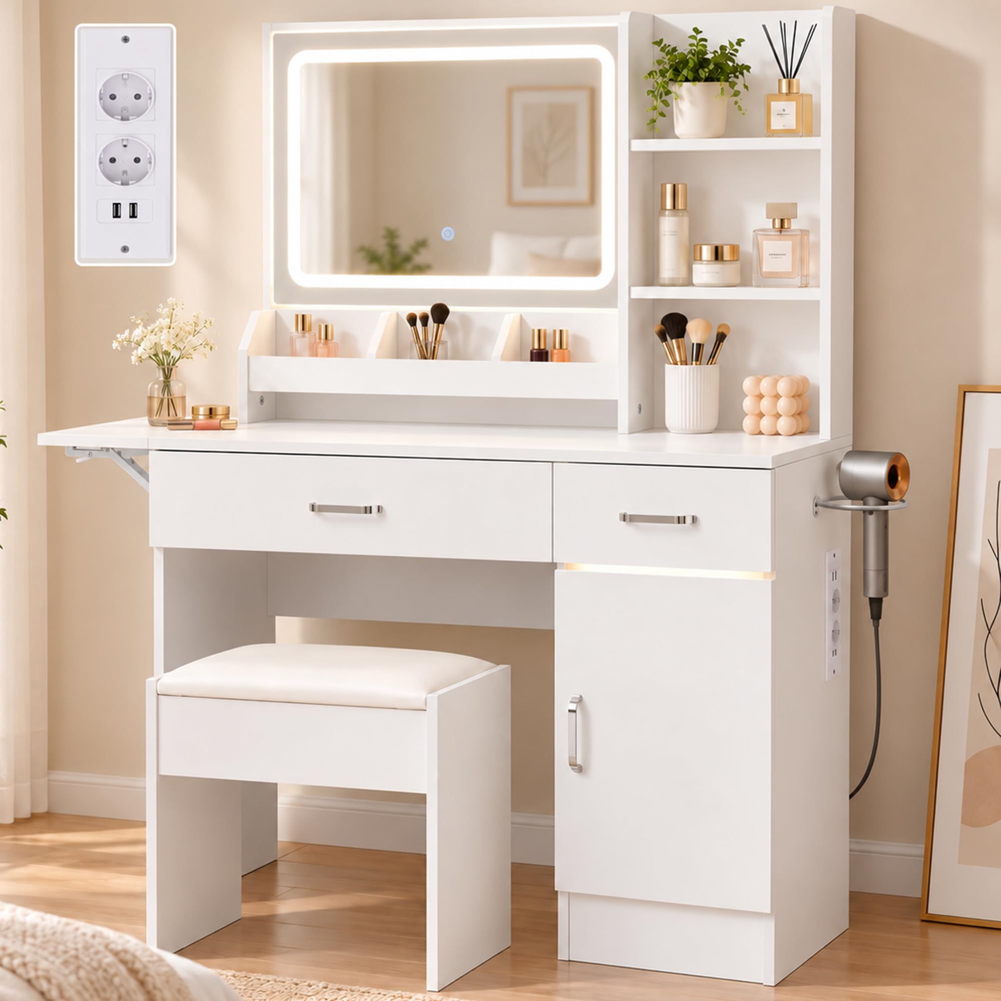 Tocador de Maquillaje con Espejo y LED, Taburete con Almacenamiento, Tocador con 2 Cajones 1 Armario, 2 Enchufes y 2 USB, 3 Estantes y 3 Compartimentos Abiertos, 107 x 38,5 x 134 cm, Blanco