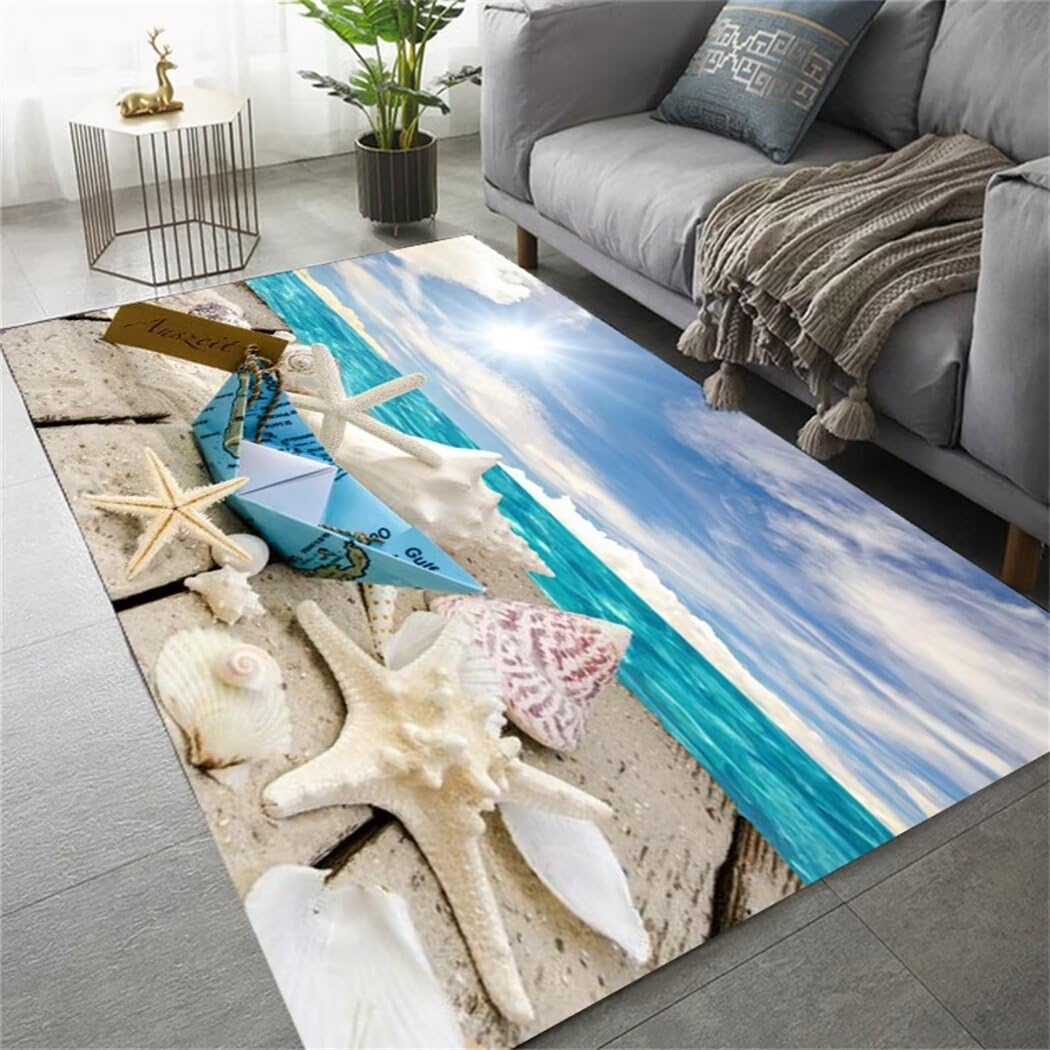 Tapis chambre enfants lavable 50x80cm bleu motif coquille plage salon
