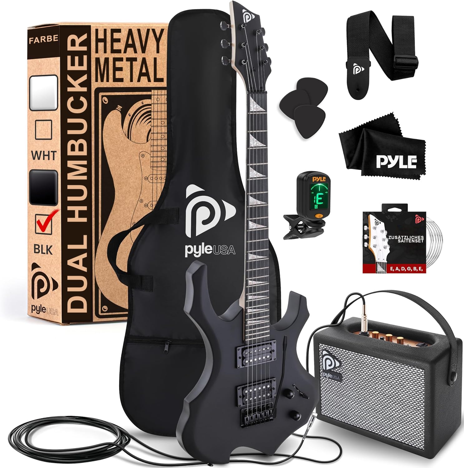 Pyle E Gitarre – Electric Guitar Set – E Gitarre Set mit Elektrische Gitarre, E-Gitarre Verstärker, Gitarren Tasche, Saiten, Gurt, Stimmgerät & Kabel, für Heavy Metal & Reisegitarre, Gitarre Schwarz