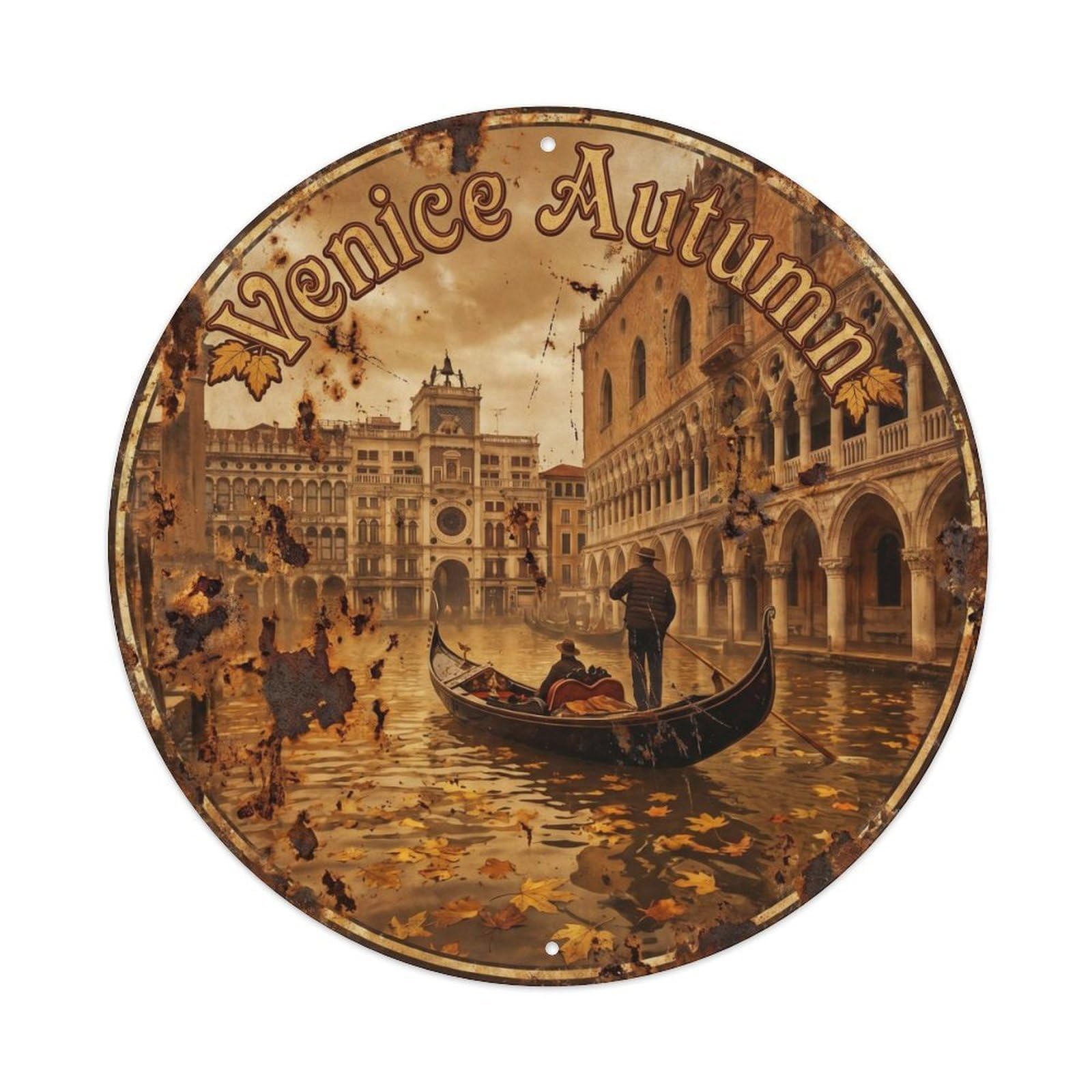 Vintage Venice Canal Gondola Italian Lagoon Travel Sightseeing Metal Tin Sign Plaque Wall Decor for Cafe, Man Cave, Club Bar, Office, Home Garden Round Metal Poster 8x8Inch