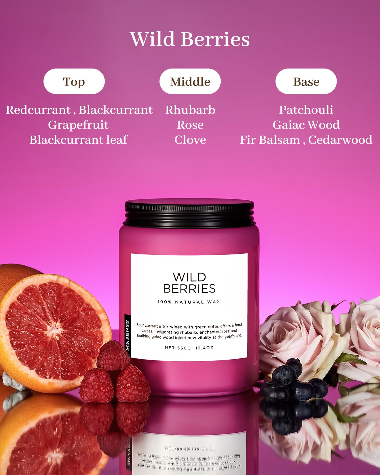 M&SENSE Candele di soia grandi Bacche selvatiche profumate per la casa. Candela di soia naturale organica da 550 g. Durata 110 ore. Regalo di candela invernale profumata per feste natalizie