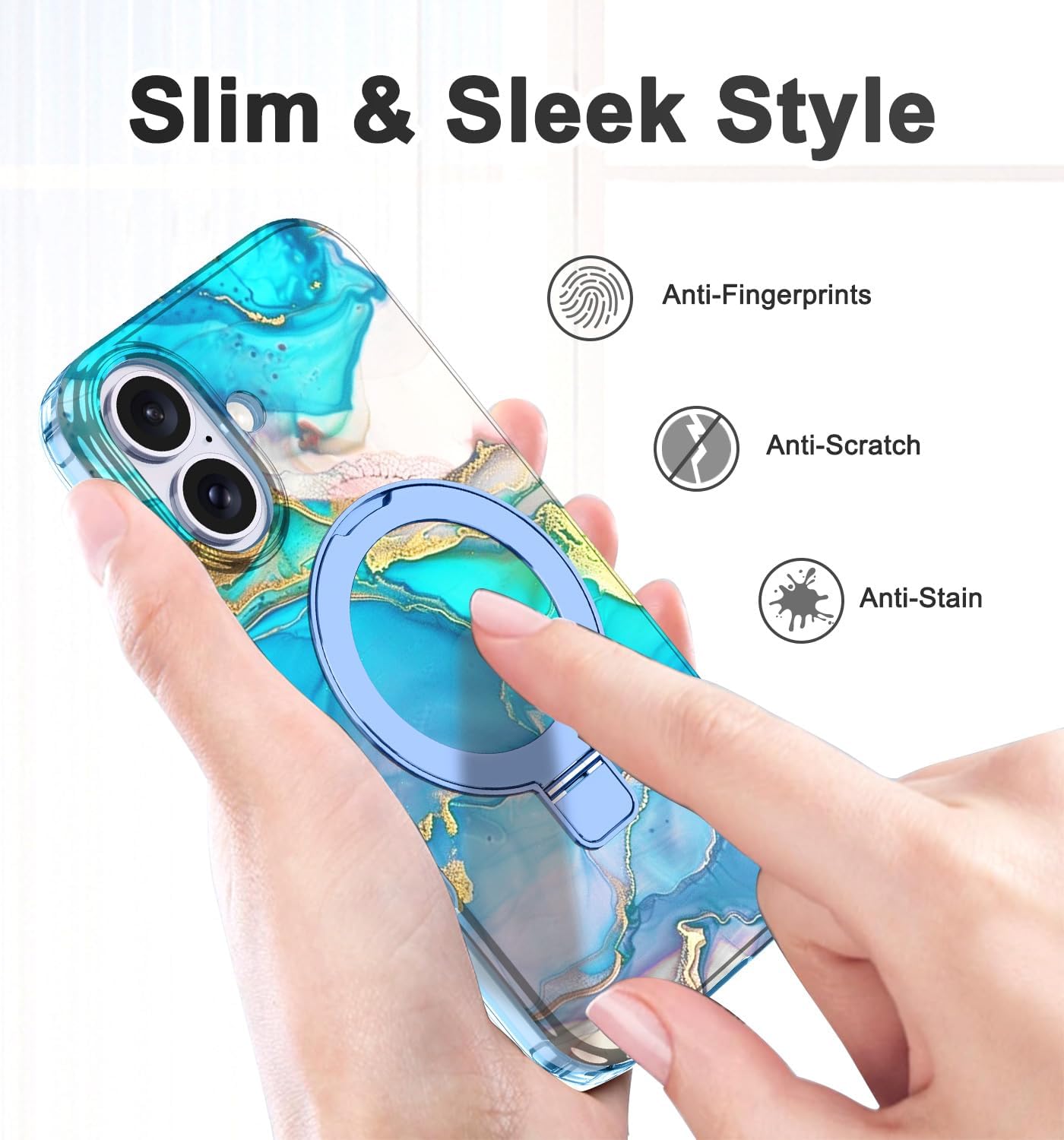 Lamcase for iPhone 17 Case with Magnetic Invisible Ring Stand [Compatible with MagSafe], Full Body Rugged Slim Women Men Girl Shockproof Marble Pattern Design Case, Light Blue - Image 6
