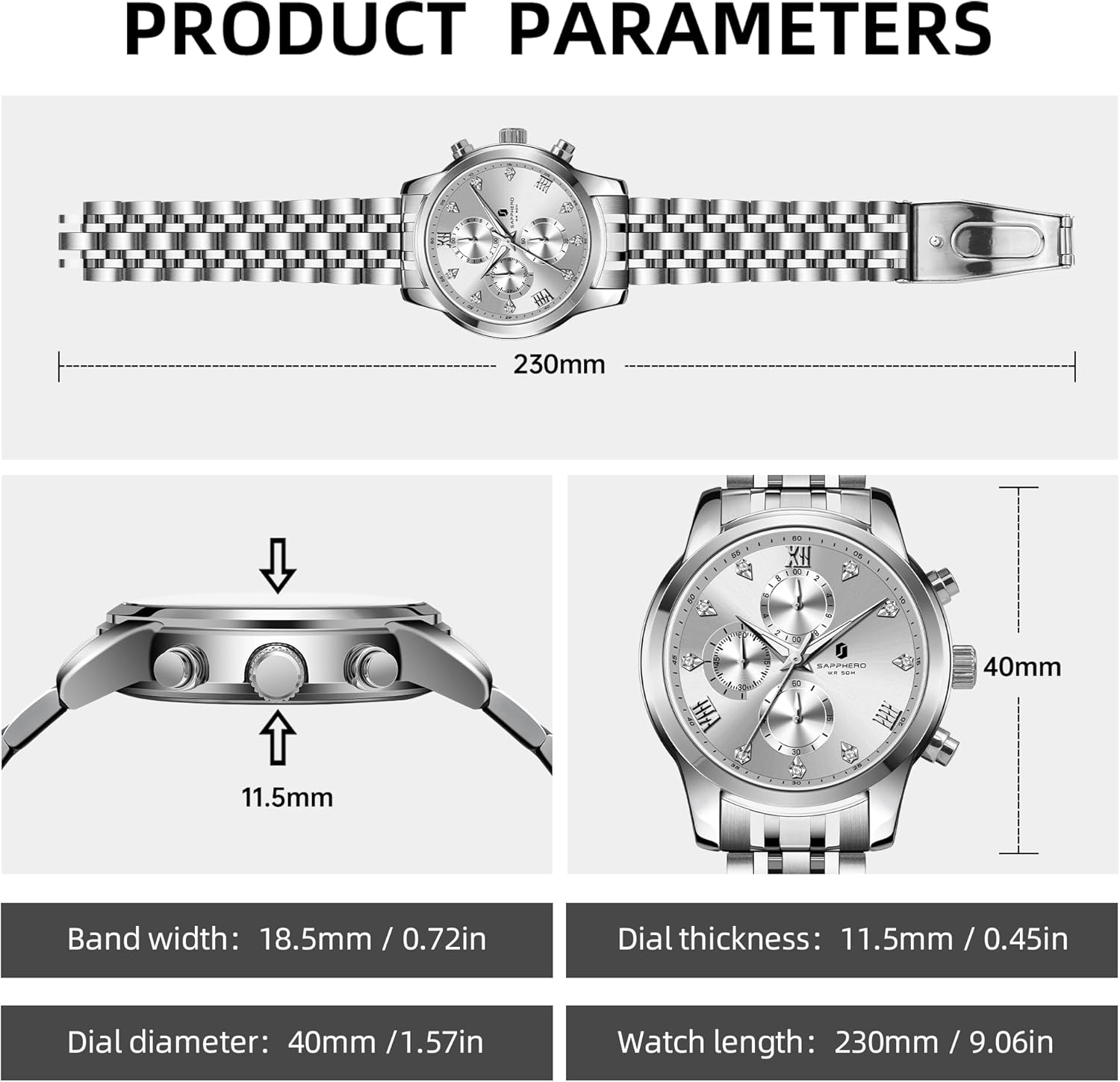 SAPPHERO Round Stainless Steel Watch for Men, 50M Waterproof Luminous Stylish Mens Gift Wristwatch with Date Display and Analog Quartz Design - Image 6