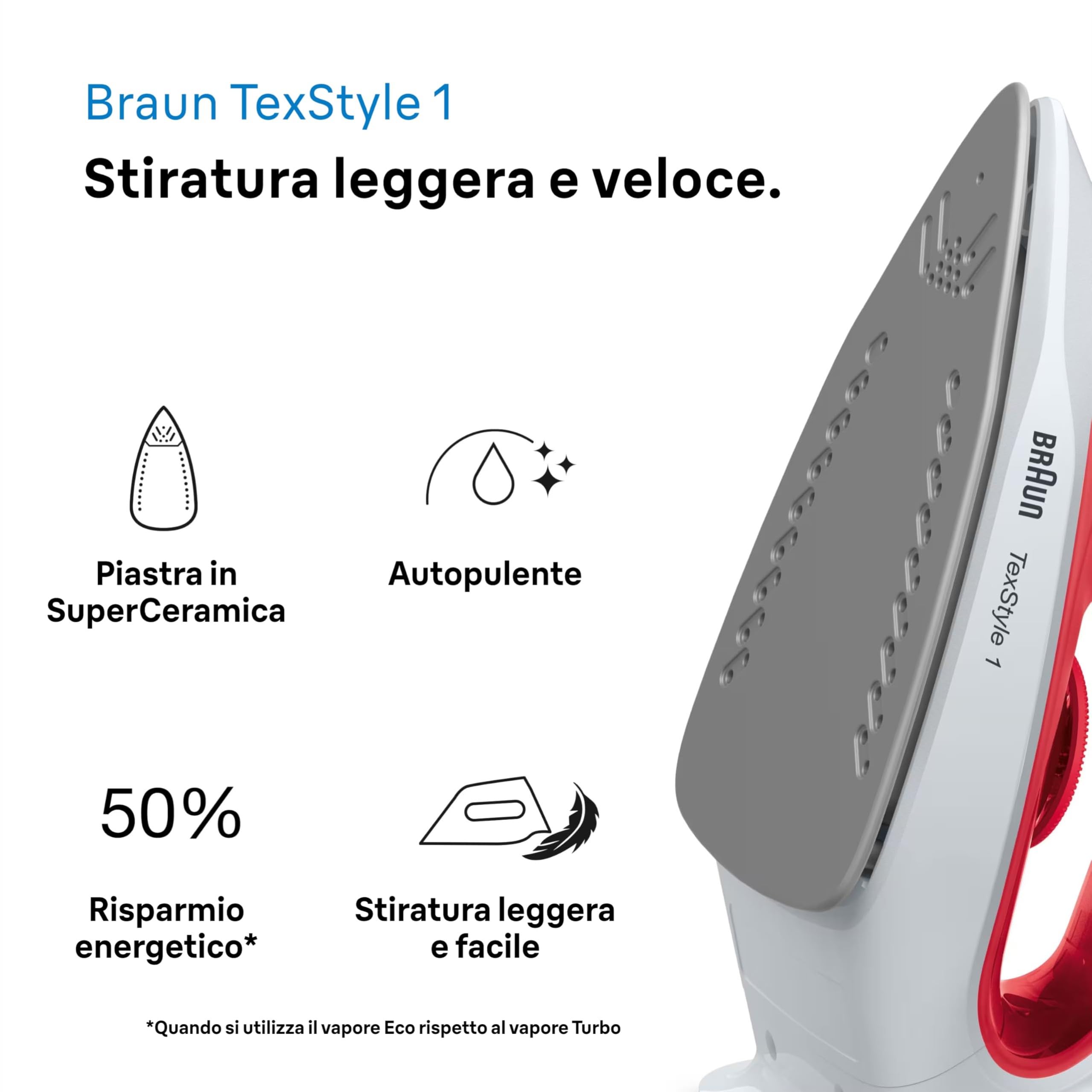 Braun TexStyle 1 SI 1019, Ferro da stiro a Vapore, Rivestimento Antiaderente, Termostato, 25g/min in modalità Turbo, Capacità Serbatoio Acqua 220ml, 1900W, Rosso/bianco
