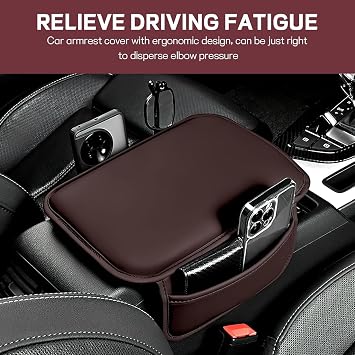 Car Center Console Cover for Skoda Rapid Yeti Kombi Karop Kodia, Leather Memory Foam Arm Rest Cushion Armrest Seat Box Pad Waterproof Universal Accessories with 2 Storage Bags,Brown