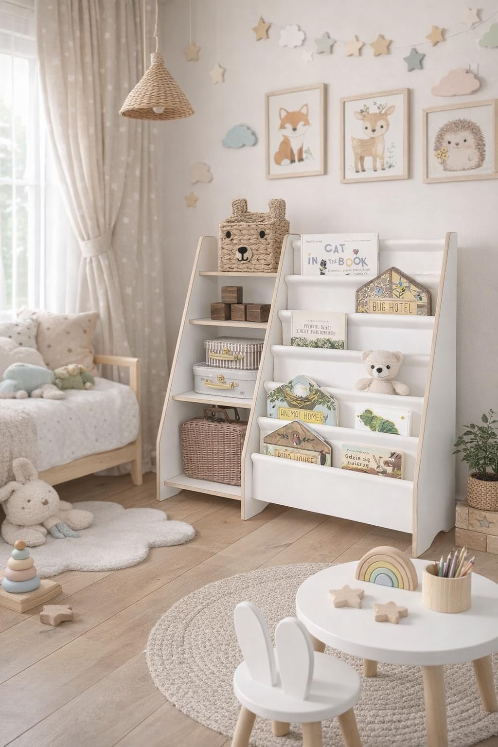 MAMOI® Bücher- und Spielzeugregal für Kinder, funktionales 2-in-1-Regal, Organizer mit Ablagen und Stofftaschen, Kinderbibliothek, Möbel im Montessori-Stil, 100% ökologisch, hergestellt in der EU