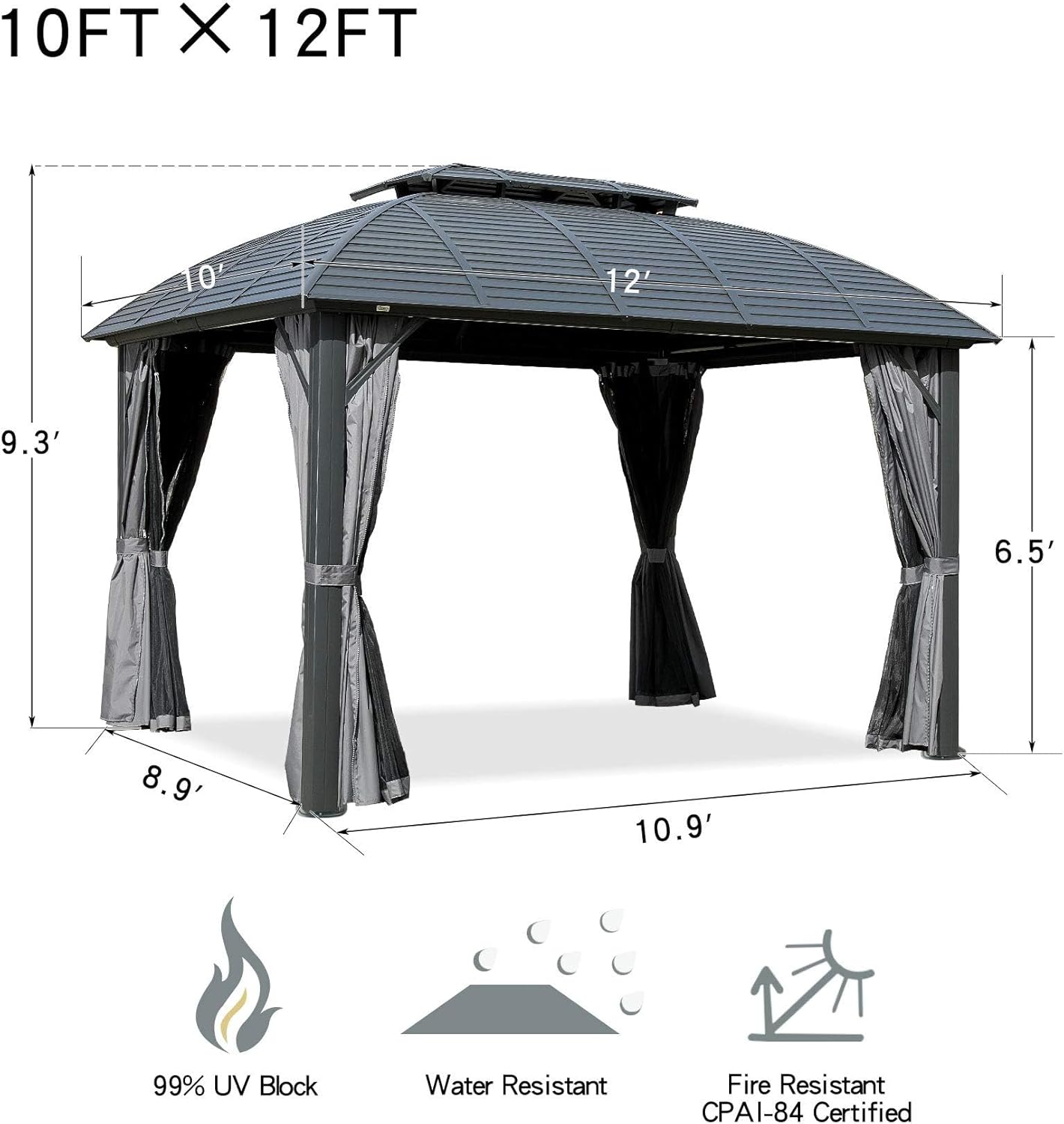 Domi Outdoor Gazebo 10'x12', Permanent Hardtop Gazebo with Aluminum Frame for Patios Deck Backyard, Galvanized Steel Double Roof, Curtains and Netting for Lawns, Garden, Poolside