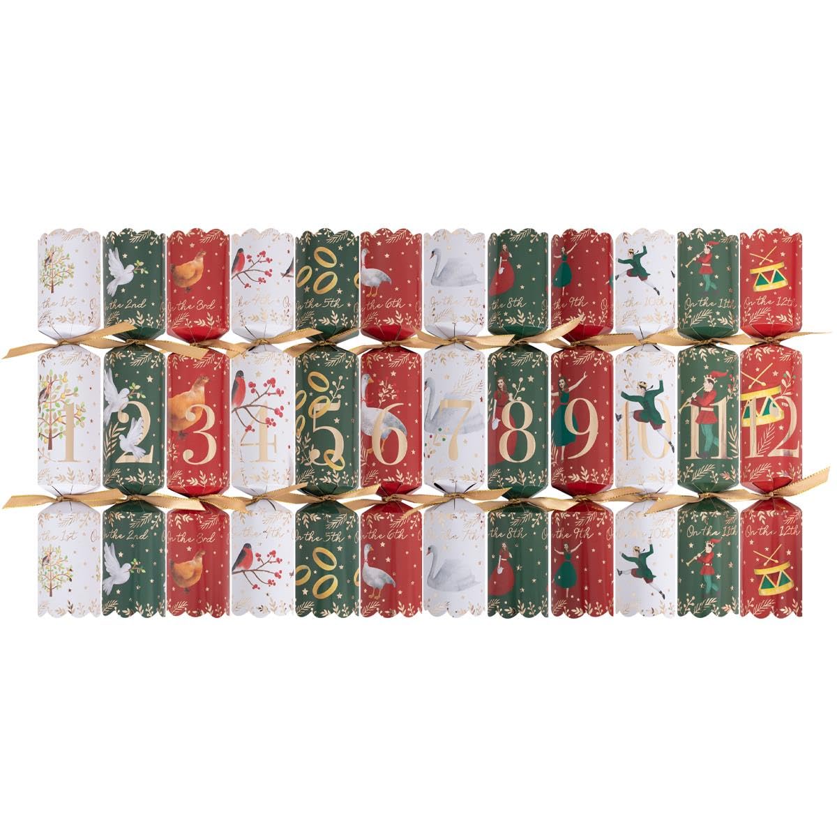 YöL 12 Days of Christmas Crackers - 12" Festive Xmas Robin Holiday Dinner Table Decorations Red White Green Gold - Family Game Novelty Fun Prizes Gifts Contains Hats Jokes