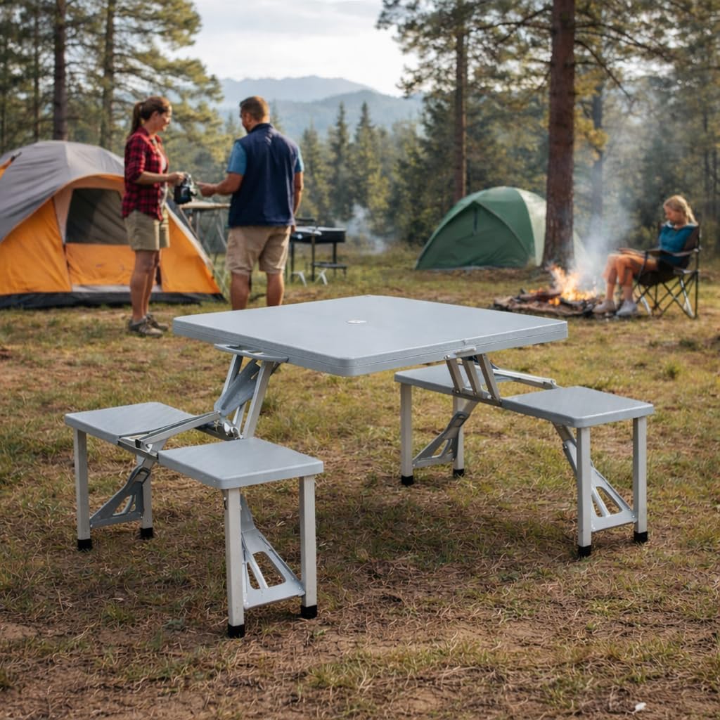 Tavolo Pieghevole con Panche 85,5 x 65 x h 67 cm - da Campeggio, Picnic, per Spiaggia, Salvaspazio, Maniglia di Trasporto, Struttura Acciaio, Richiudibile - Colore grigio