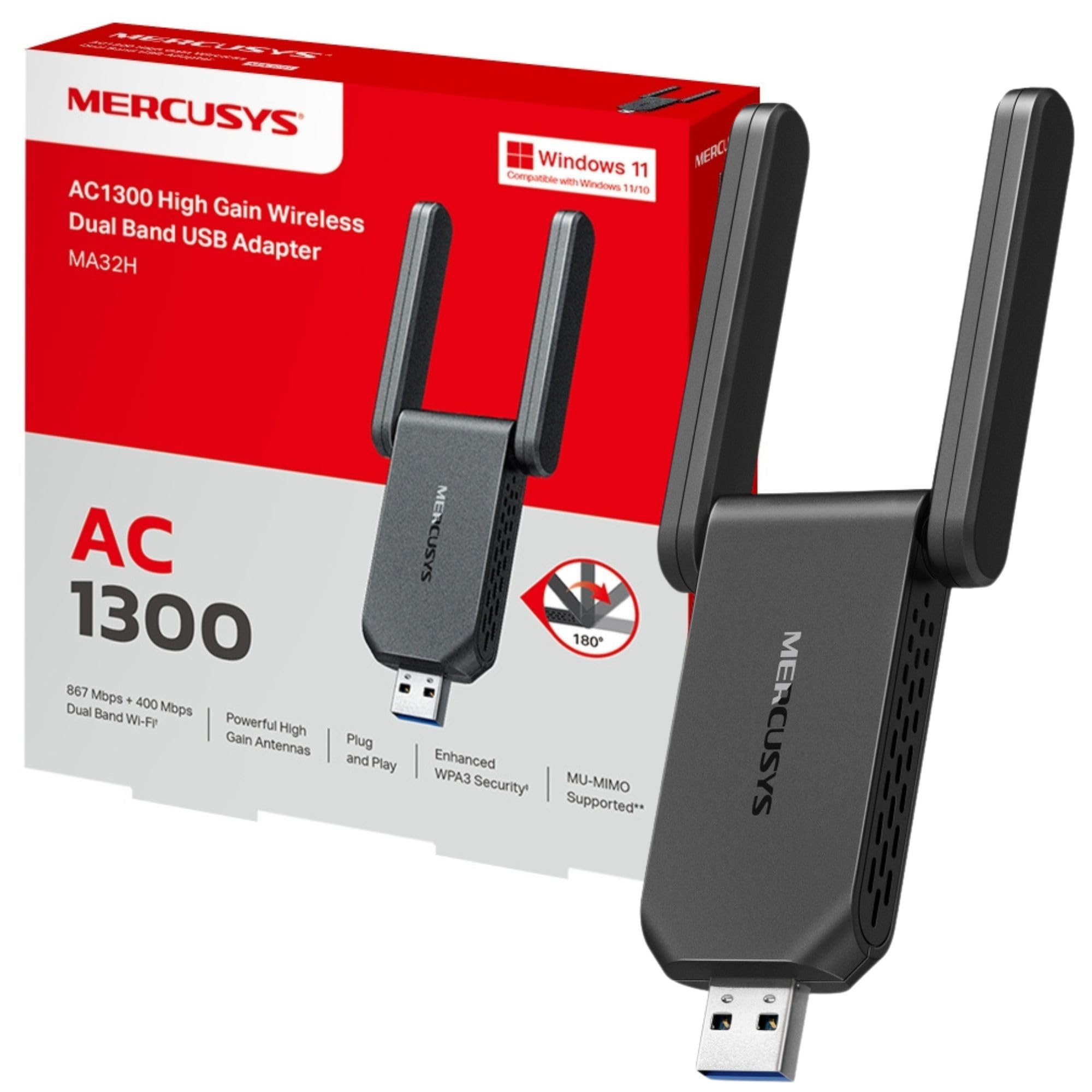 MERCUSYS MA32H AC1300 WiFi Dongle, Dual-Band USB 3.0 WiFi Adapter for PC