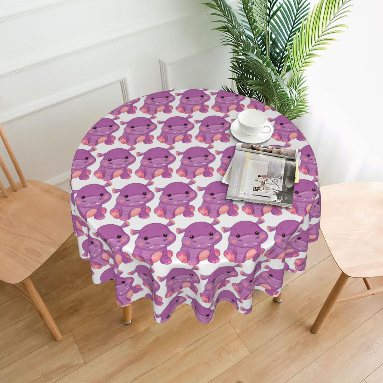 Zcmkjlg Cartoon purple hippo Print Quick Ship Round Tablecloth 60in Polyester Washable Cover for Dining Room