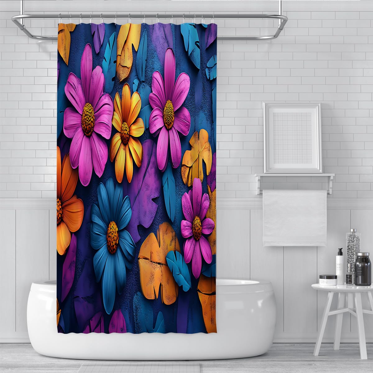 Rideau Douche Fleurs Vives déco Salle de Bain Boho W120xL200 cm