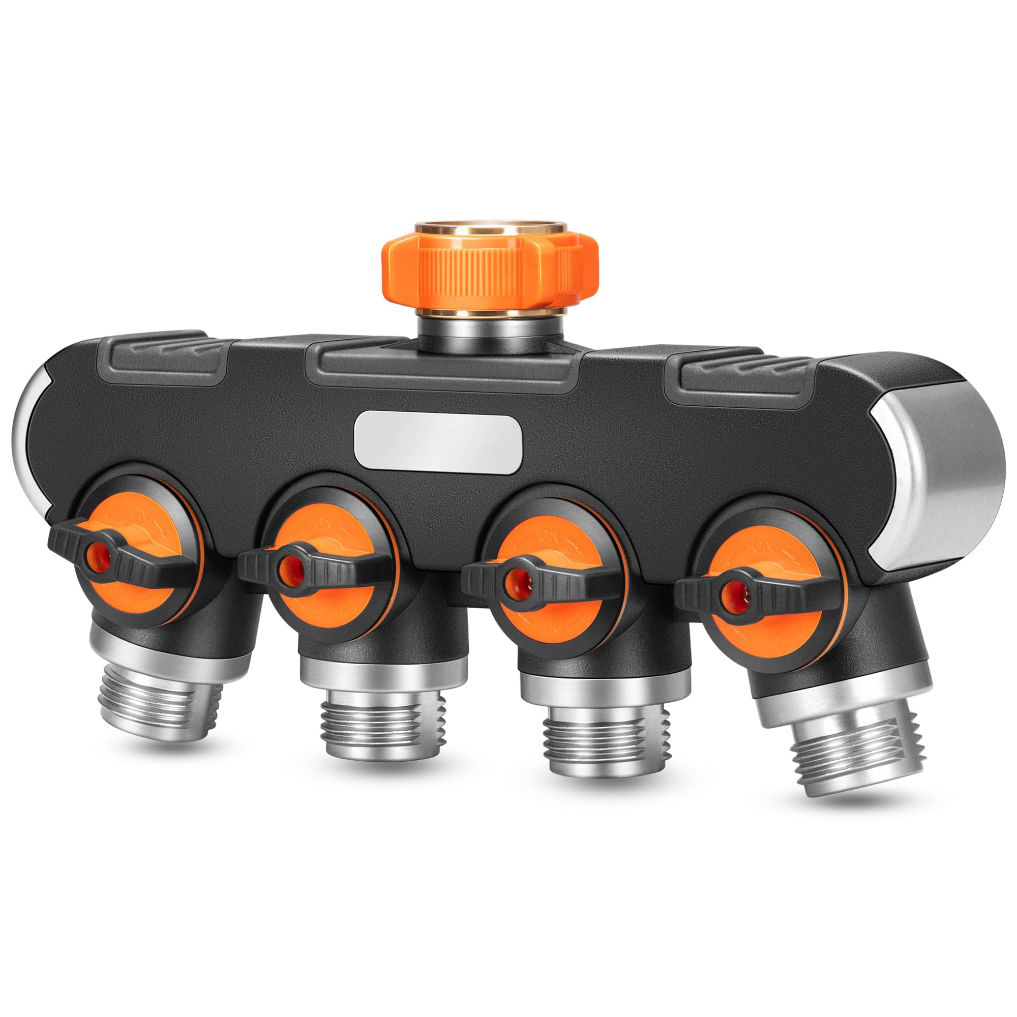 Azonee 4 Way Garden Hose Splitter, Heavy Duty Water Hose Connector, Zinc Alloy Hose Faucet Manifold with On Off Valve, Faucet Adapter with Comfortable Rubberized Grip for Drip Irrigation, Lawns