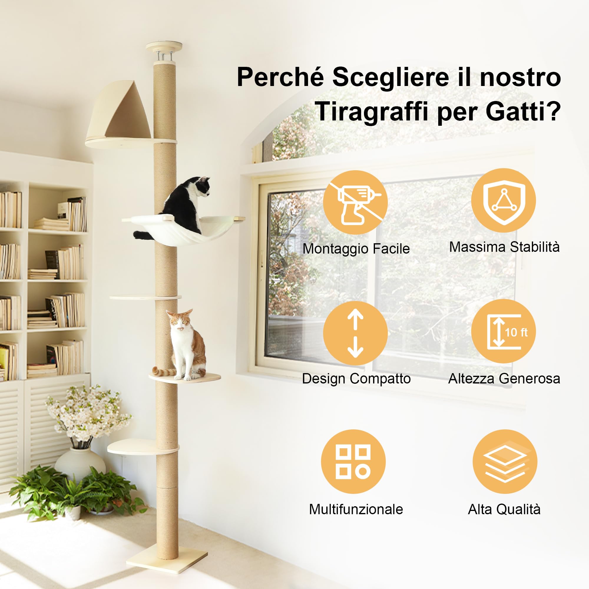 FUKUMARU Albero Tiragraffi per Gatti al Soffitto, 6 Livelli Altezza Regolabile (1.8-3 m),Torre Arrampicata con Palo Tiragraffi Rinforzati, Centro Attività con Tenda e Amaca Morbida per Gatti. Beige