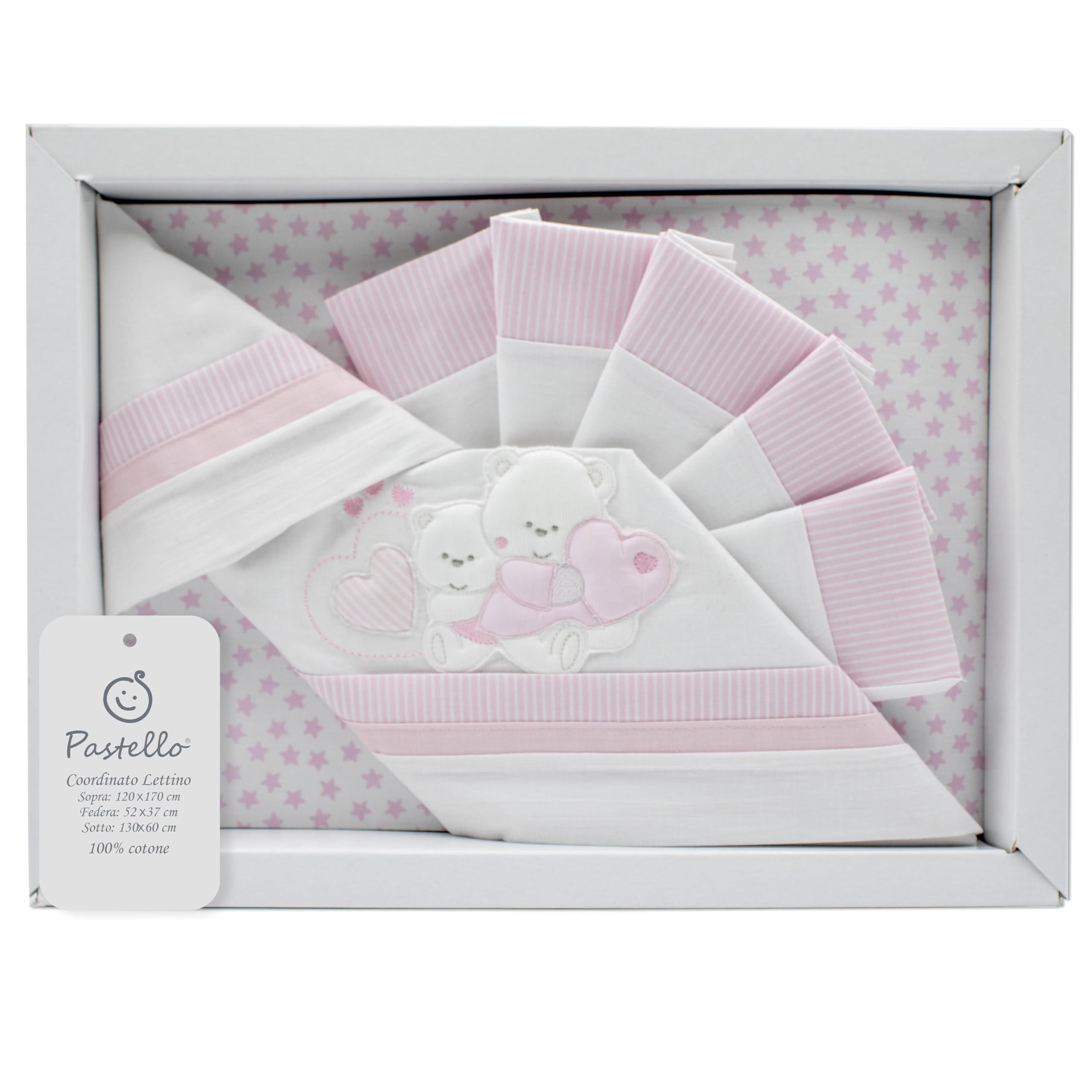 PASTELLO - Juego de cama de 3 piezas, 100% algodón para bebé, juego de sábanas con bordado (Art. LL9E, rosa)