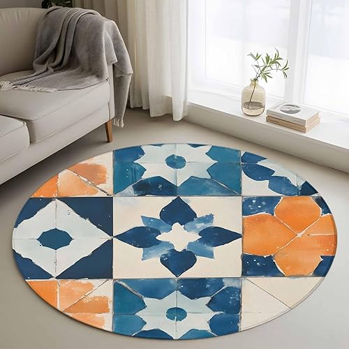 Miniatura 12 de 6ft Round Rug, Abstract Blue Non-Skid Rubber Backing Large Area Rugs - Living Room Bedroom Home Office, Orange Color Block Retro Watercolor Boho