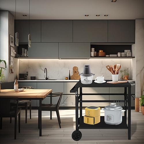 Miniatura 6 de VINGLI Carrito de parrilla para horno de pizza con ruedas, mesa de trabajo de preparación de alimentos de 32.7 x 20 pulgadas con ganchos, soporte