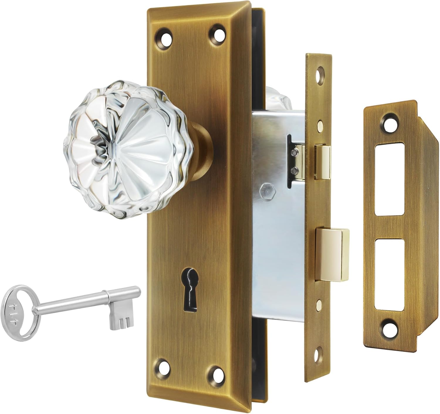 Mortise Lock Set for Interior Door, Antique Brass Door Knobs with Lock and Skeleton Key, Crystal Glass Door Knobs for Old Style Door