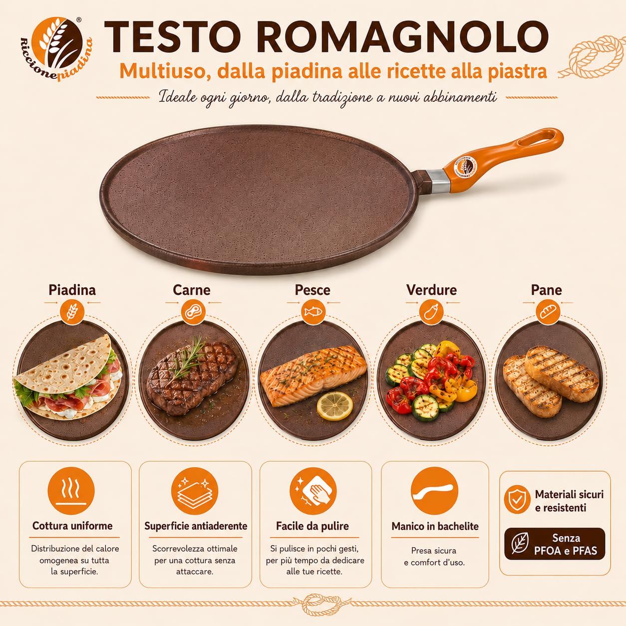 Riccionepiadina Testo Romagnolo 32 cm – Poêle universelle antiadhésive aluminium téflonée, manche bakélite, gaz et induction – Pour piadina, légumes, viande, poisson