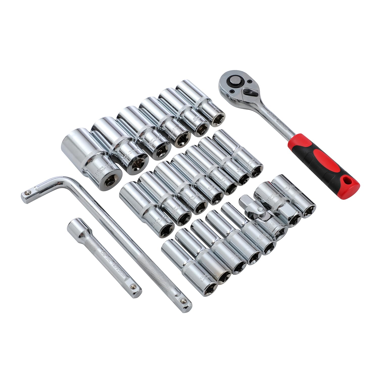 KATSU Tools Juego de Vasos Profundos de 1/2" 24 Piezas - CR-V, Métrico 8-32mm, Llave de Carraca de 24 Dientes, Herramienta de Mecánica para Bricolaje y Reparación de Coches
