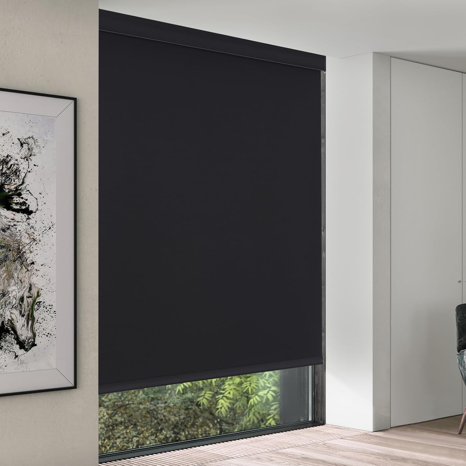 MYshade Cordless Roller Shades, Blackout Roller Blinds with Valance Cover, Room Darkening Window Shades for Home, Office, Bathroom, French Door, UV Blocking, Thermal Insulated, 24 inch Wide, Black