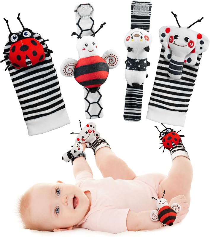 High Contrast Baby Toys Infant Rattle Socks and Wristband Set, Ideal Baby Sensery Toy Gifts for Newborn 0-12 Months, Perpect Black and White Toys for Boys and Girls As Baby Shower Gifts