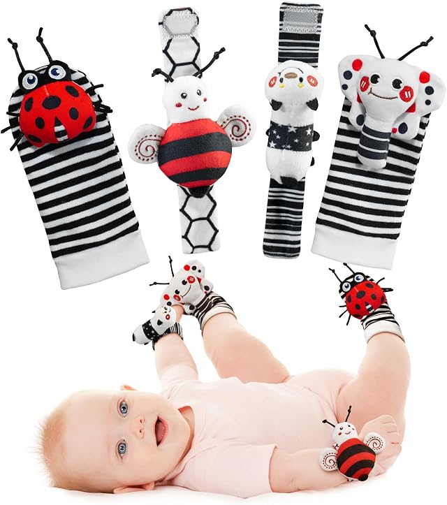 Infinno High Contrast Baby Toys Infant Rattle Socks and Wristband Set, Ideal Baby Sensery Toy Gifts for Newborn 0-12 Months, Perpect Black and White Toys for Boys and Girls As Baby Shower Gifts