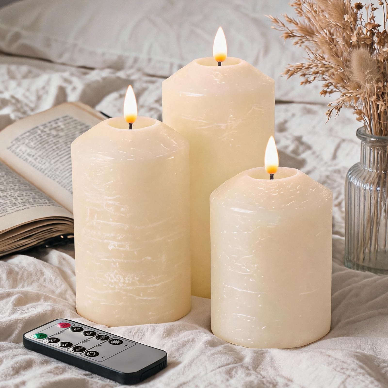WoPail LED Candle Set of 3 Flameless Candles, Battery Operated Flickering, Real Wax Pillar Candles with Remote Control and Timer, Safe Decorative Candles for Living Room, Wedding, Indoor (White)