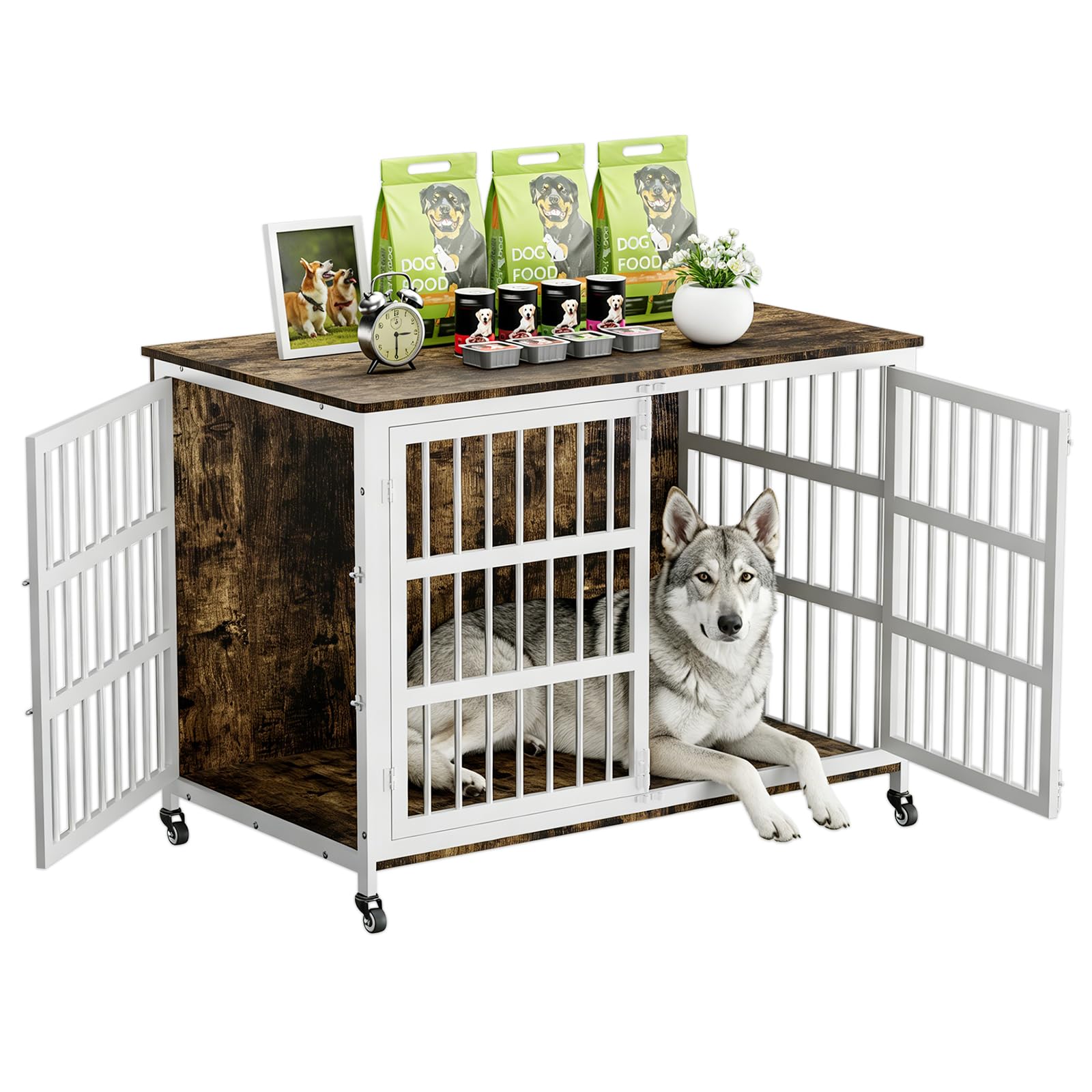 46" XXL Dog Crate Furniture with Wheels, Heavy Duty Metal &amp; Wooden Dog Kennel Indoor for Medium &amp; Large Dogs, 45.7" L x 27.6" W x 31.5" H, Decorative Pet House, TV Stand — Rustic Brown &amp; White