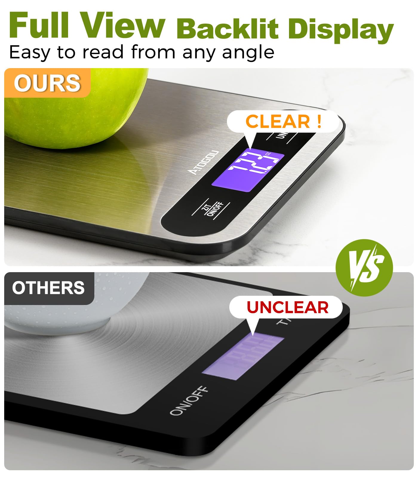 Atogou Báscula digital de cocina de 15 kg con pantalla LCD de visión completa | Superficie de acero inoxidable duradera, para cocinar, hornear, preparar comidas, color negro
