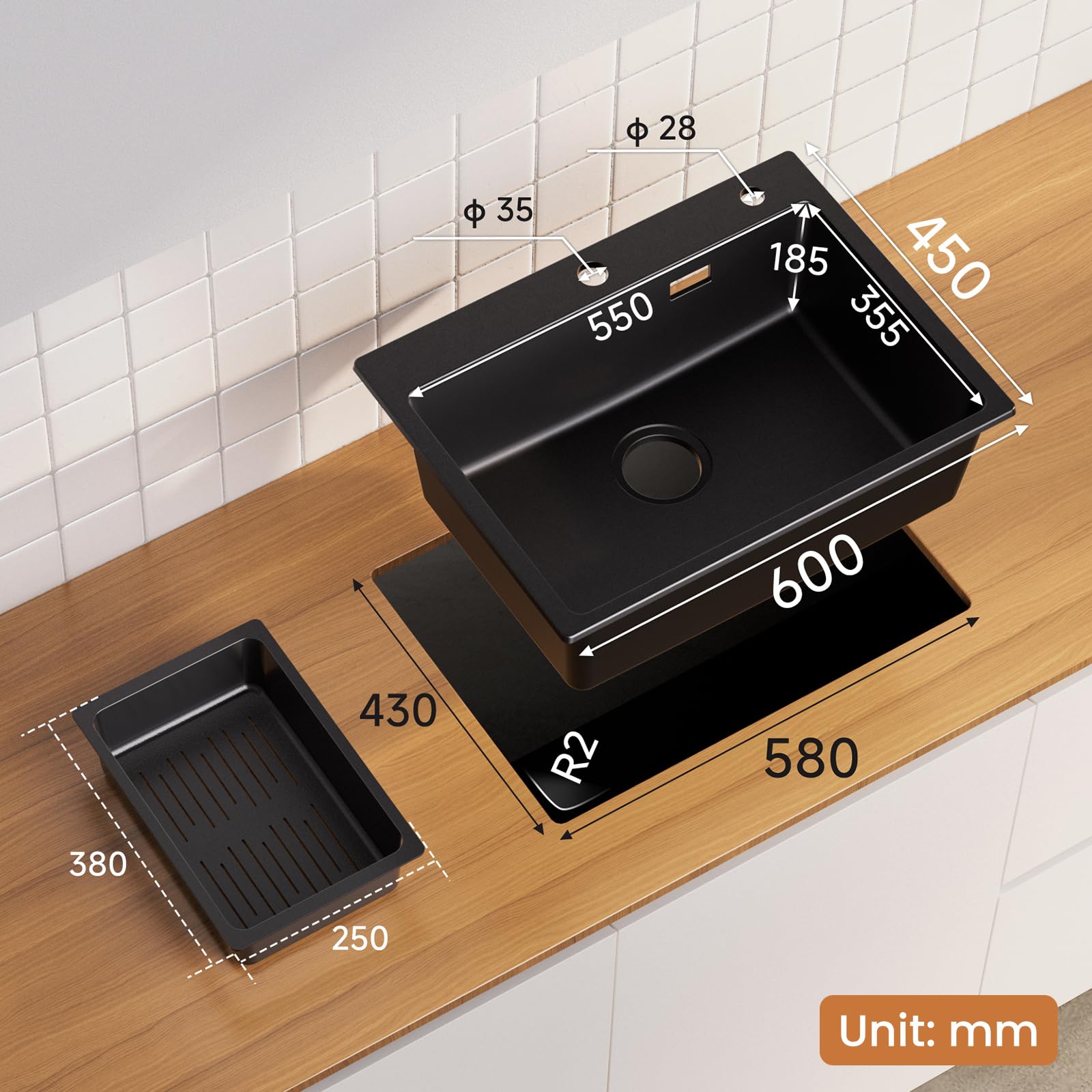 Set di lavello da cucina in granito nero, 60 x 45 cm, con miscelatore e rubinetto girevole a 360°, 2 tipi di getti