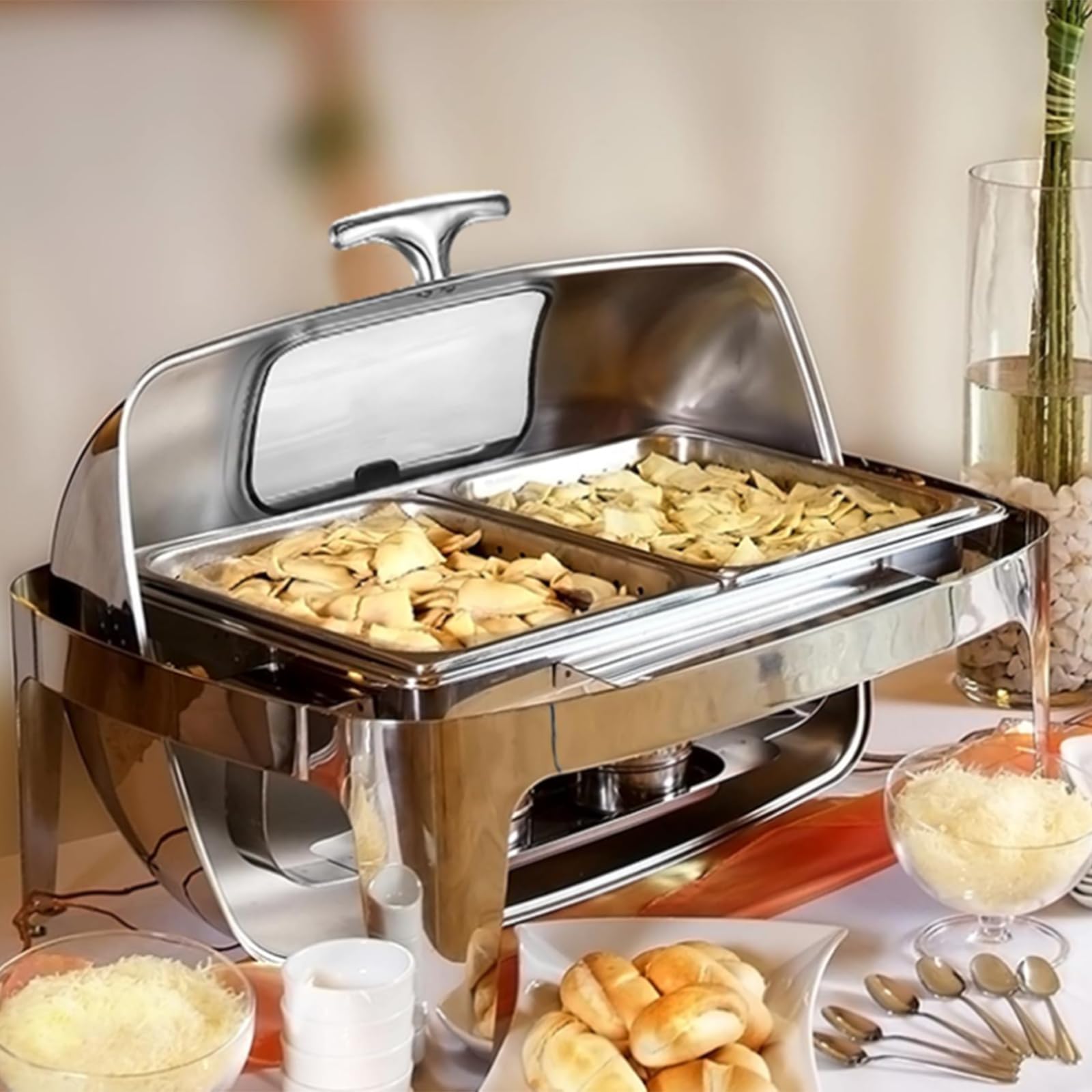 Garvee Chafing Dish Edelstahl Speisewärmer mit Roll-Top Deckel, 1/1 GN Behälter Buffetwärmer Set für Gastronomie & Catering, Warmhaltebehälter für Partys & Events, Rechteckig, Silber glänzend
