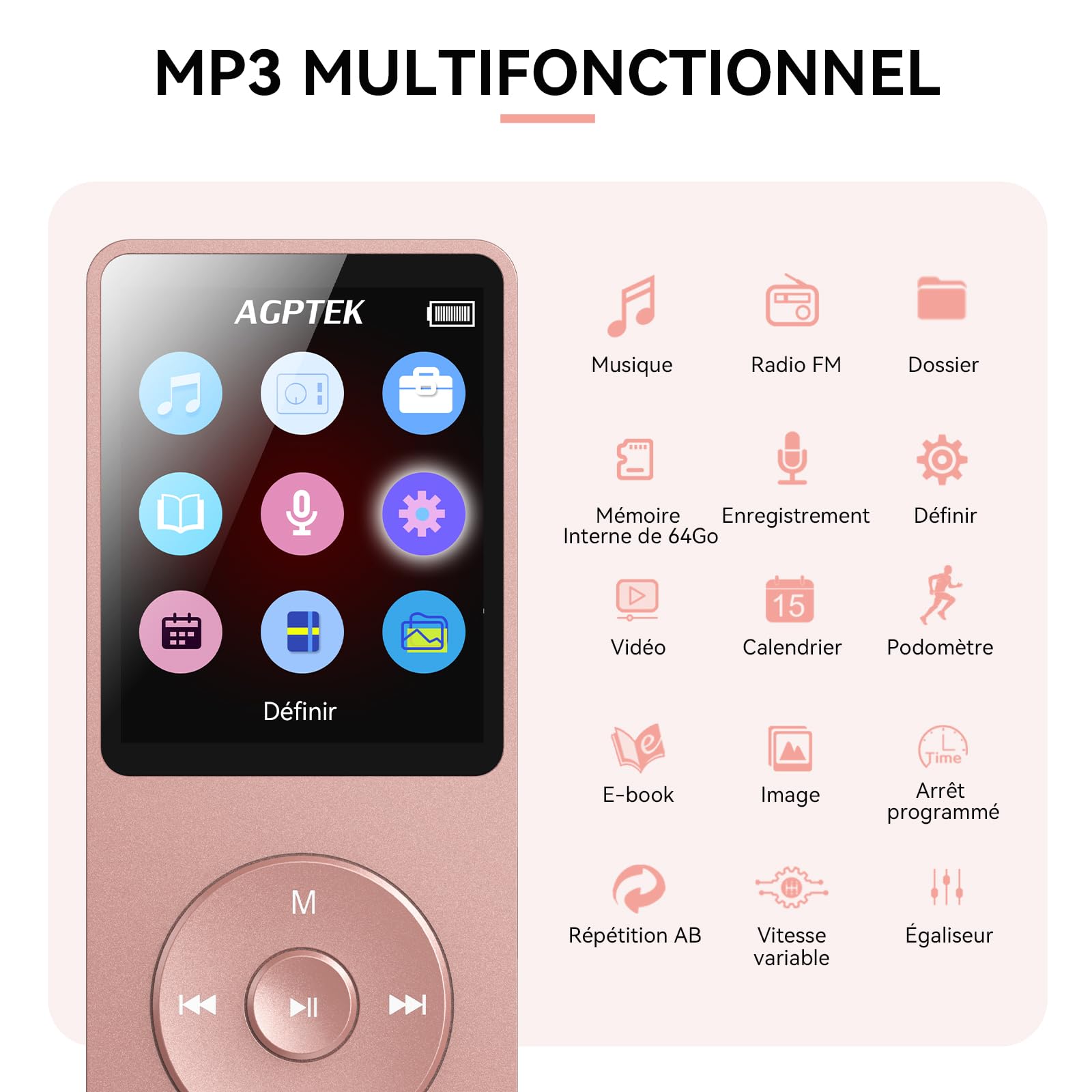 AGPTEK Lecteur MP3 Classique 64Go, Autonomie 70 Heures, Léger 30g, Hi-Fi, Baladeur Sport Enfant Adulte, Carte TF 128G - Rose