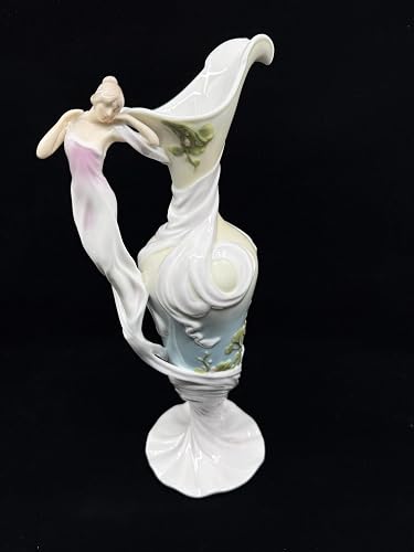 Art Nouveau Porcelain Vase with Lady Figurine – Handmade Fantasy Pitcher – Romantic Ceramic Jug – Pastel Home Decor Sculpture – Elegant Decorative Centerpiece