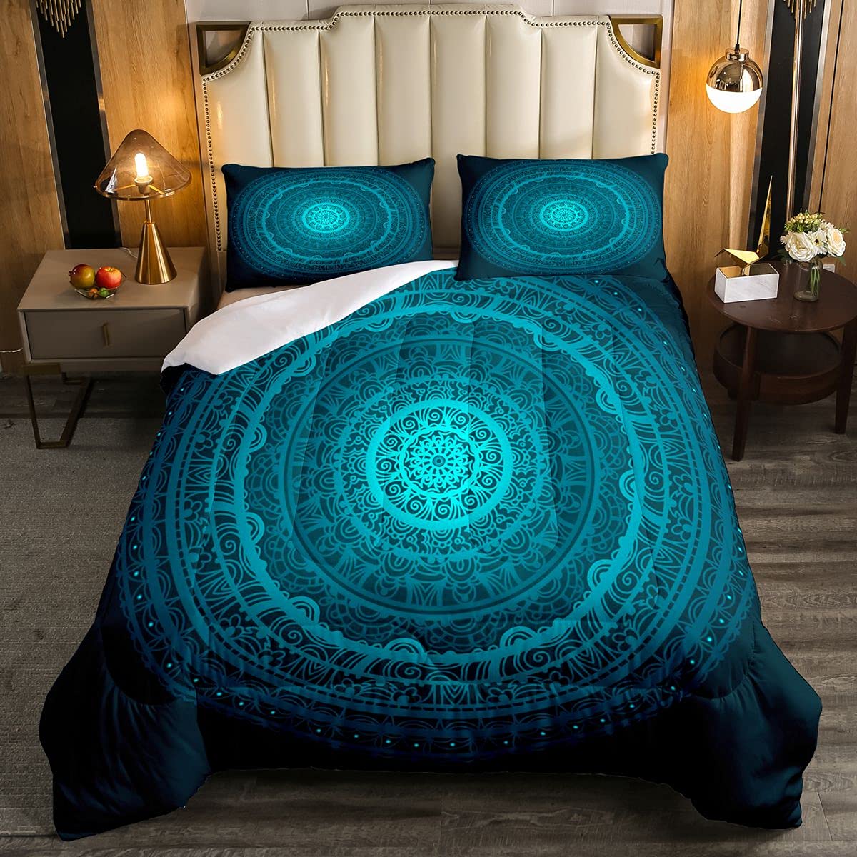 Mandala Medallion Bedding Set Kids Flower In Mandala Art Bedding Set Boys Girls Teens Glitter Dark Turquoise Color 3Pcs Double Size