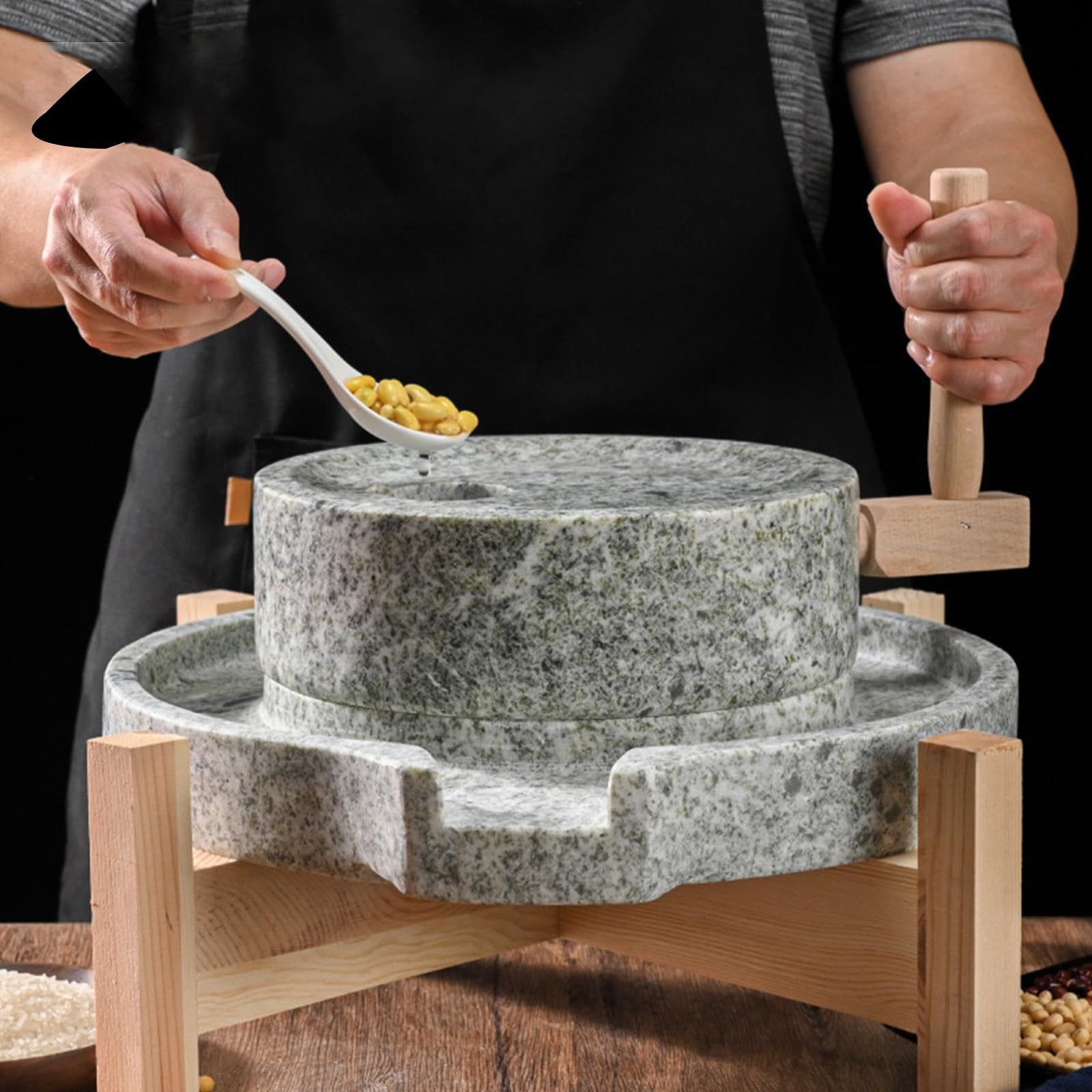 Manuelle Steinmühle, Haushalts-Handmühle für Getreide mit Holzständer, kleiner Gewürzzerkleinerer, handgefertigte Steinmühle aus natürlichem, glattem Blaustein, handgekurbelte Nass-/Trockenmühle(9.8x1