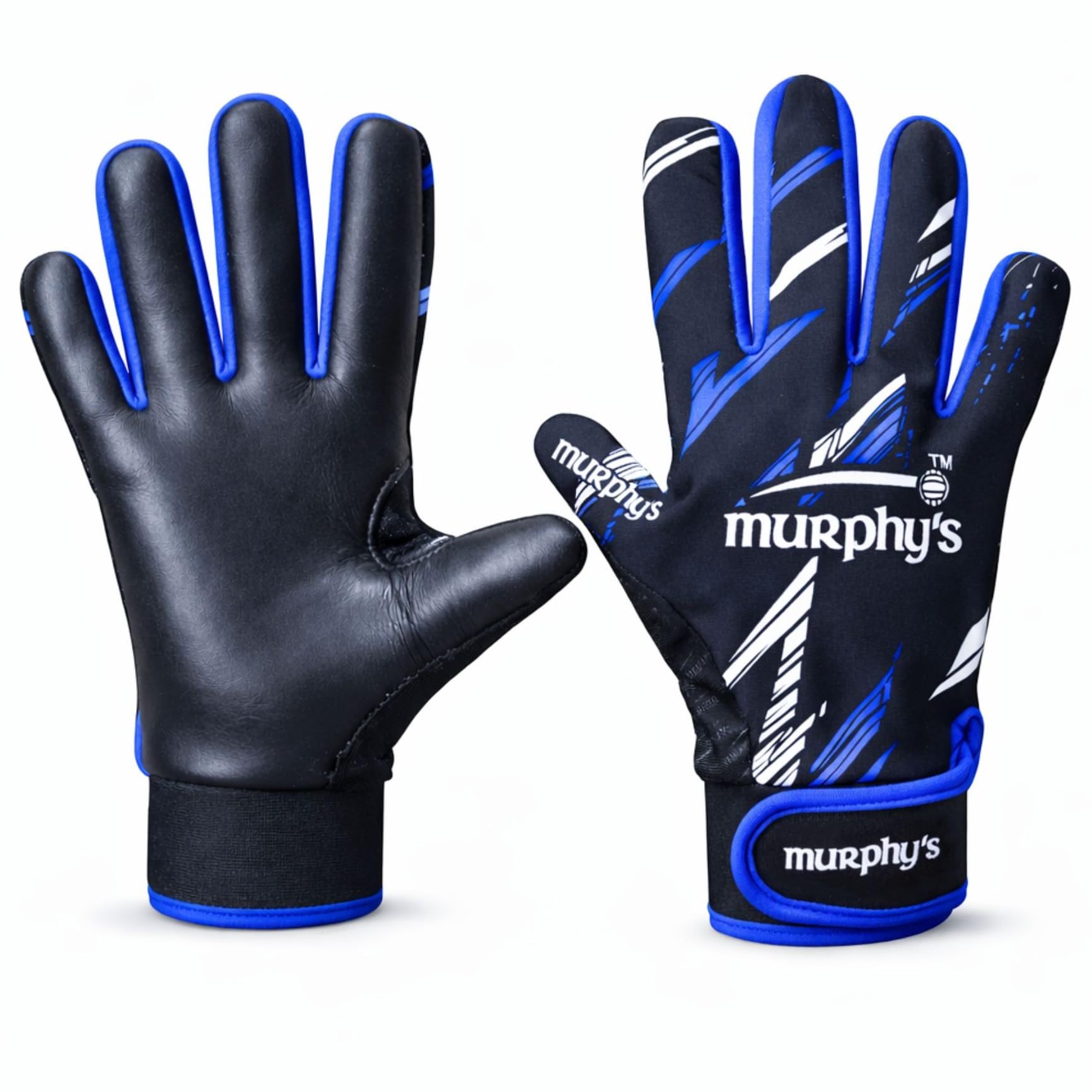 Murphy's Vision Gaelic Gloves, GAA Premium Latex Grip, Ventilated Finger Inset, Adjustable Wrist Strap, Wet Weather Ball Control, Black/White/Blue, 5 - Under 10