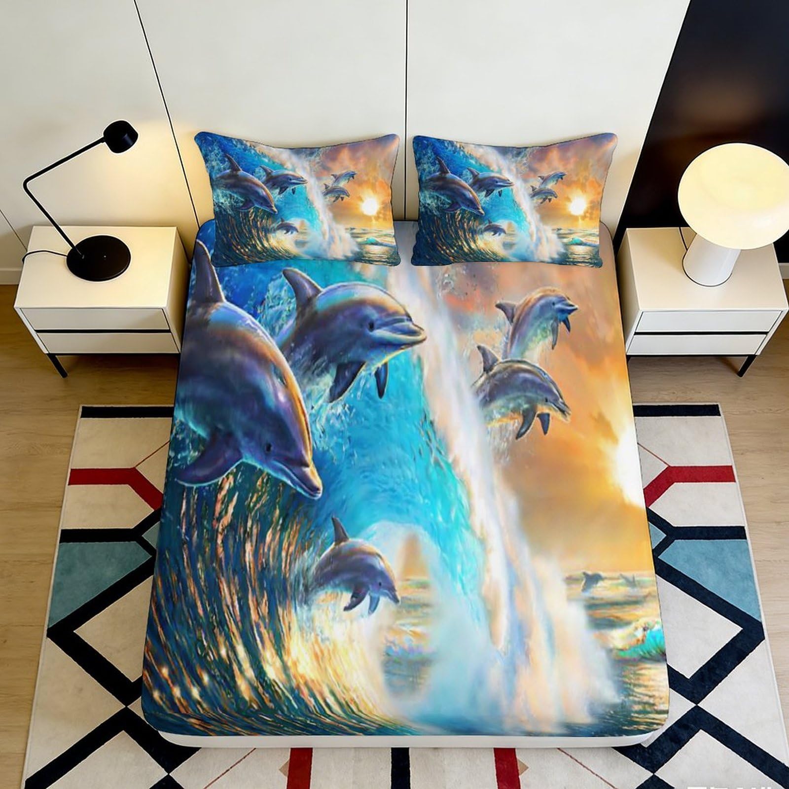 Uynsixtme Style-8 3D Printed Dolphin Pattern Fitted Sheet Microfiber Non-Slip Deep Pocket Bedroom Bedding Dolphin Mattress Fitted Cover Washable 200X200x25cm