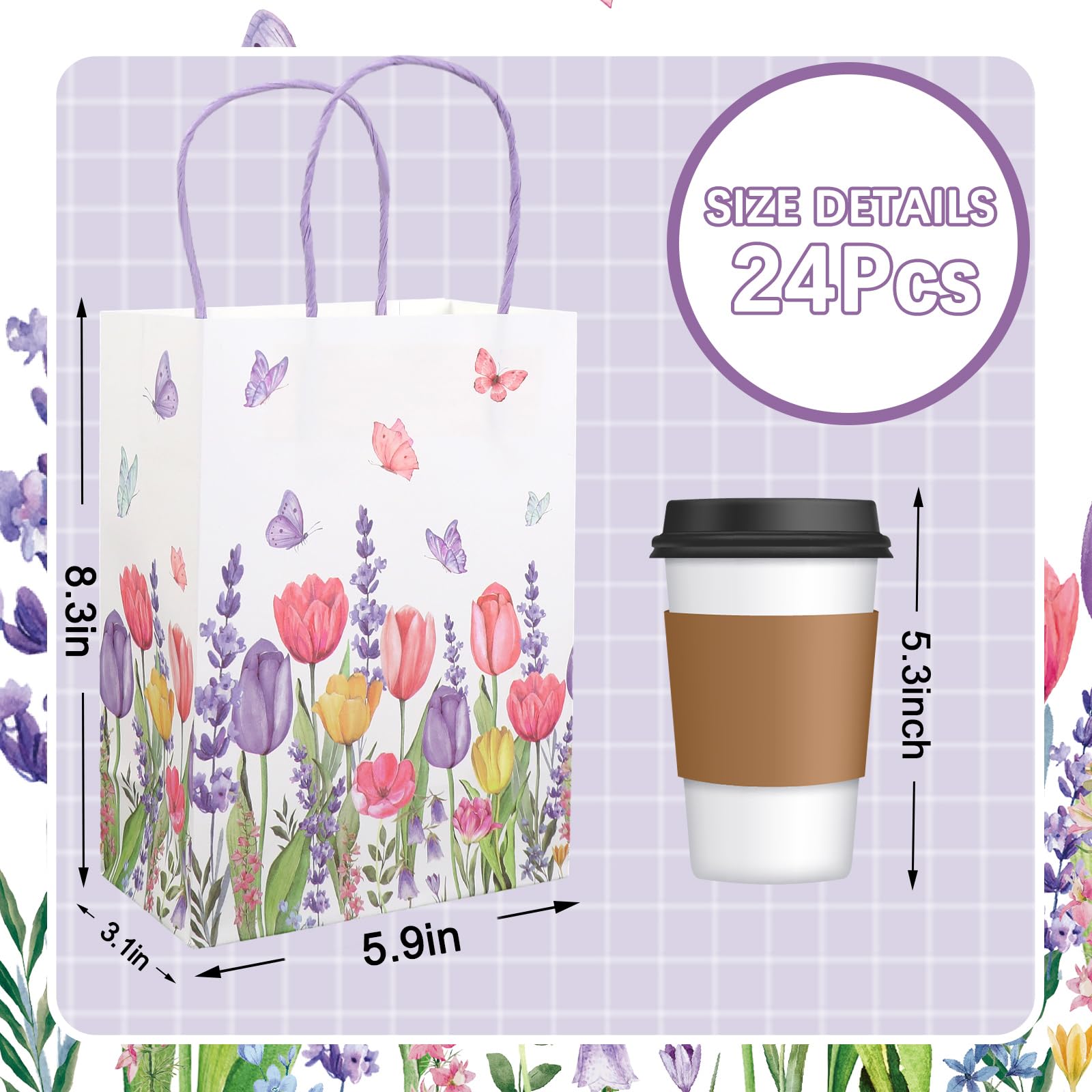 FYSUIMU 24 Pcs Tulips Lavender Floral Paper Gift Bags with 30 Purple Tissue Paper Watercolor Flower Butterfly Treat Bag with Handles for Birthday Baby Shower Wedding Party Favors