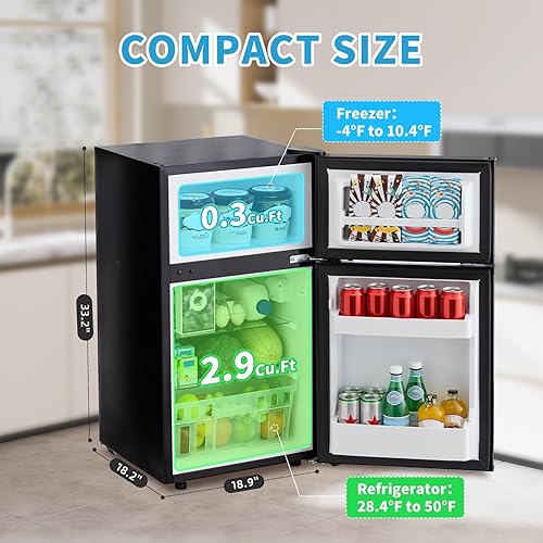 Miniatura 3 de Mini refrigerador de 3.2 pies cúbicos con congelador, refrigerador pequeño de doble puerta, refrigerador para dormitorio con 3 termostatos