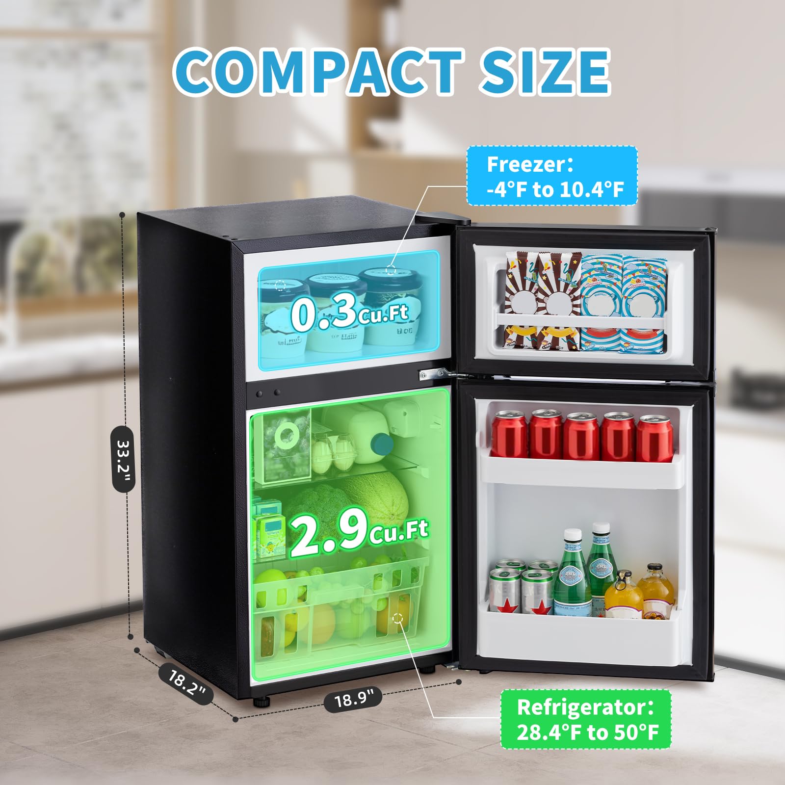 Stopsad 3.2 Cu.Ft Mini Fridge With Freezer, Double Door Small Refrigerator, Dorm Fridge With 3 Adjustable Thermostat, Energy Saving, Low Noise, Compact Refrigerator For Office, Bedroom, Dorm, Black on Fridge.com - View 3