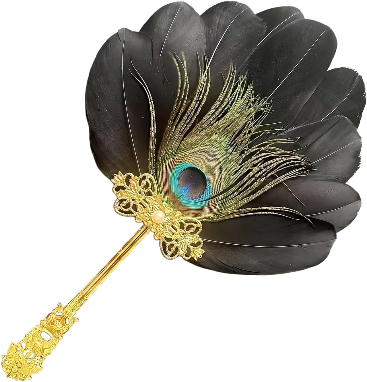 Delicate Peacocks Feathered Decorative Fan Sturdy Frame Wedding Ceremony Fan for Themed Parties and Celebration Elegant Hand