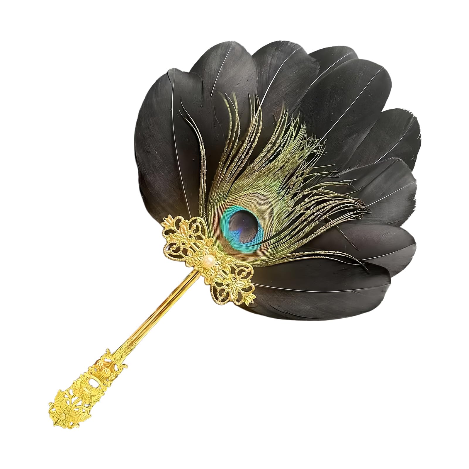 Buxuaaaa Retro Styles Peacocks Feathered Fan Beautiful Props Elegant Hand Fan for Bridal Portrait and Artistic Photography Chinese Traditional