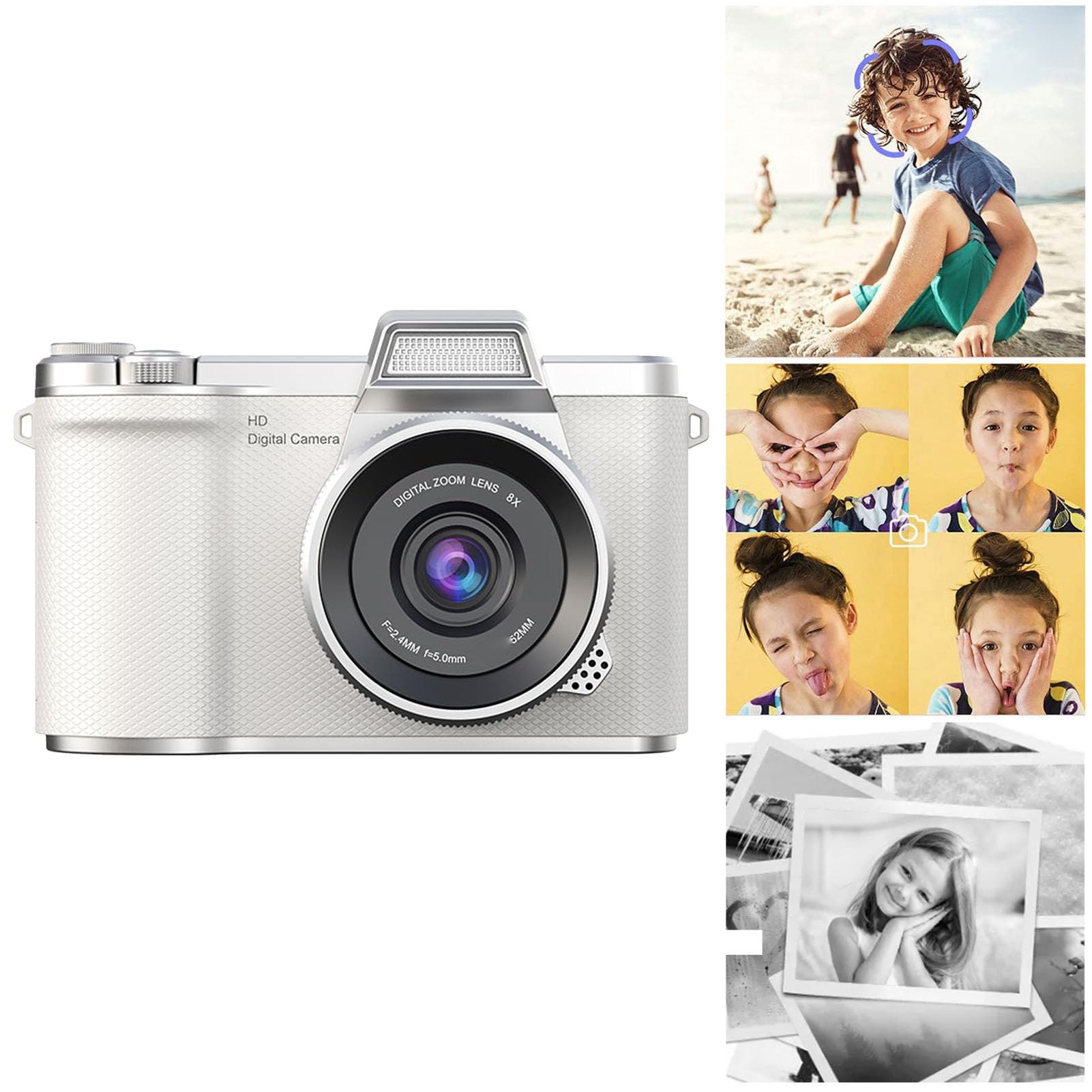 Fockety Fotocamera Digitale per Fotografia, Fotocamera Mirrorless da 48MP con Zoom 8X 1080P con Schermo Flip da 2,4" a 180° Flash per Vlogging con Messa a Fuoco Automatica, (WHITE)