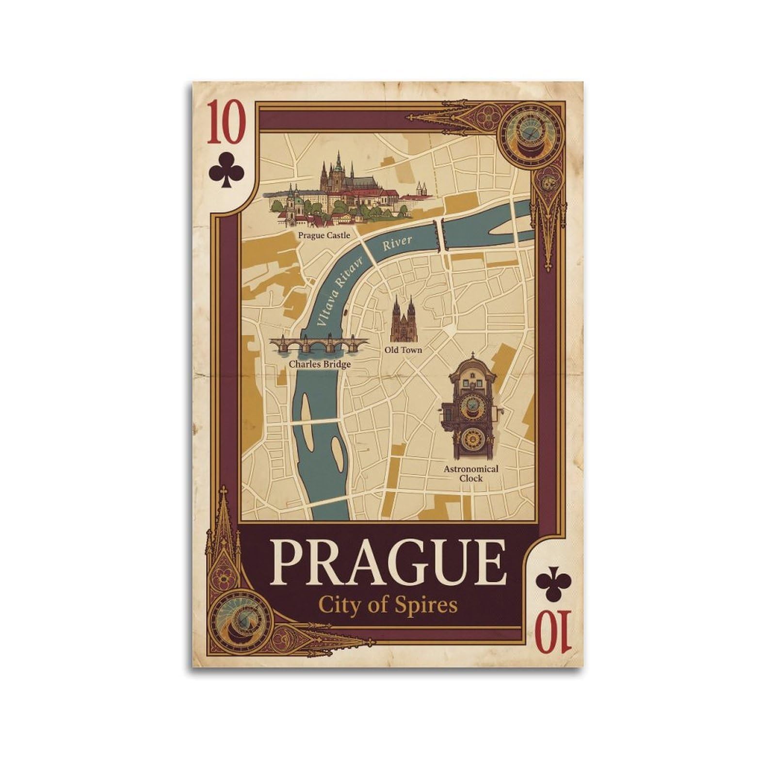 OKNGB Vintage City Map Poster Prague Charles Bridge Playing Card Style Decorative Painting Canvas Art Picture 20x30inch(50x75cm)