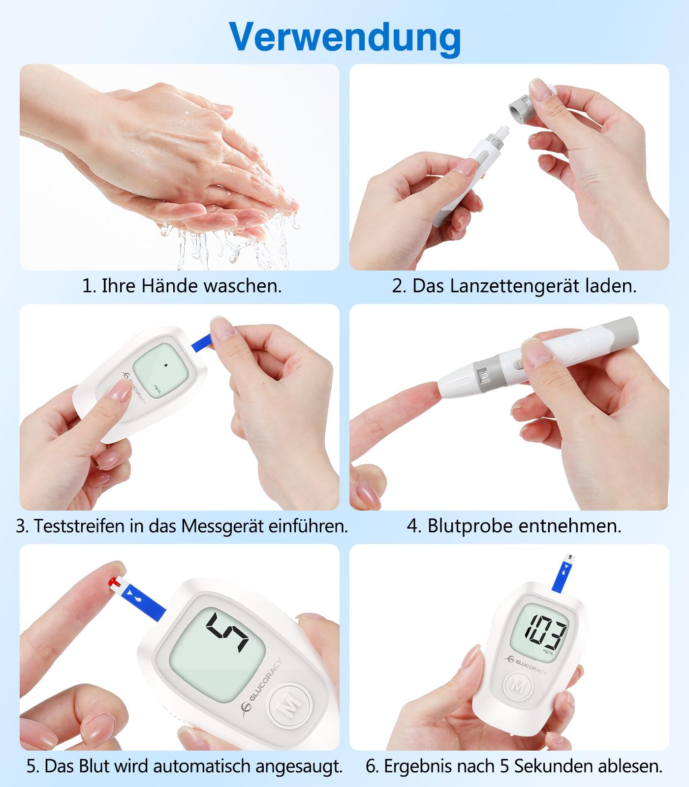 Glucoracy G-425 Blutzuckermessgerät-Set, Blutzuckertest-Set mit Stechhilfe, 100 Teststreifen und 100 Lanzetten, Glukosemessgerät für zu Hause, Diabetes-Selbsttest-Set für den Heimgebrauch